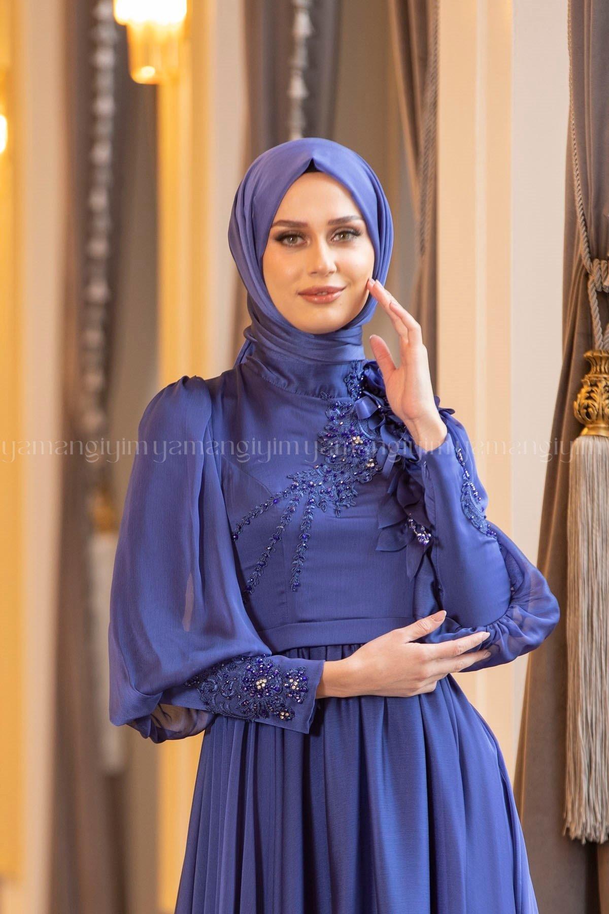 2196 NEW ELEGANS ELBİSE - Gece Mavisi