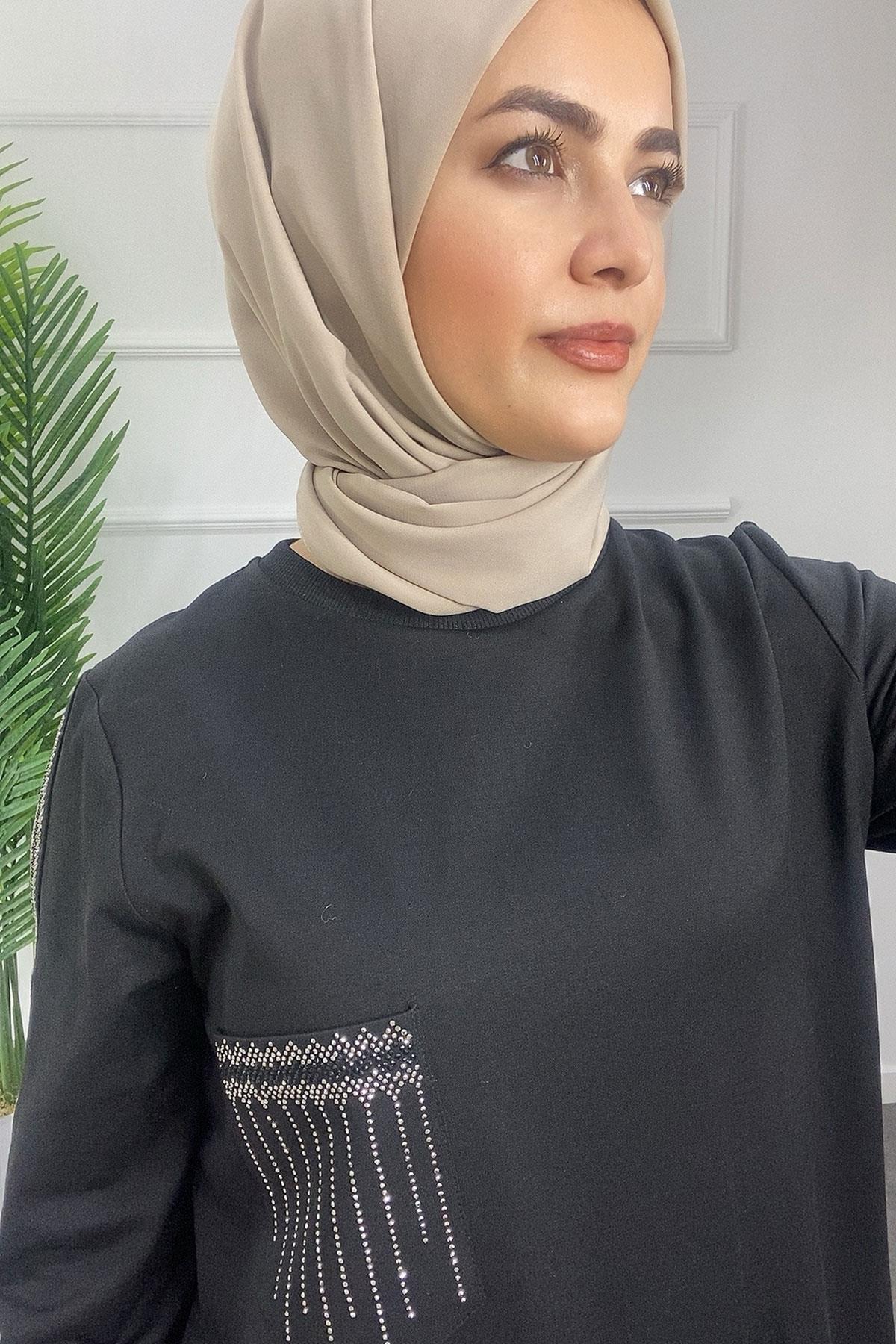 2490 PUREVA İKİ İPLİK TUNİK PANTOLON TAKIM KAPİTONE YELEK - Siyah