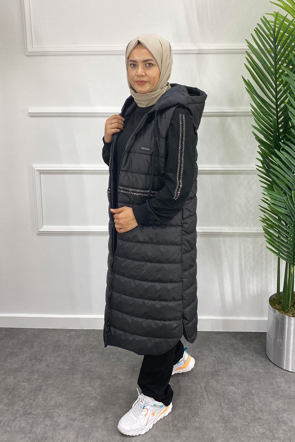 2490 PUREVA İKİ İPLİK TUNİK PANTOLON TAKIM KAPİTONE YELEK - Siyah