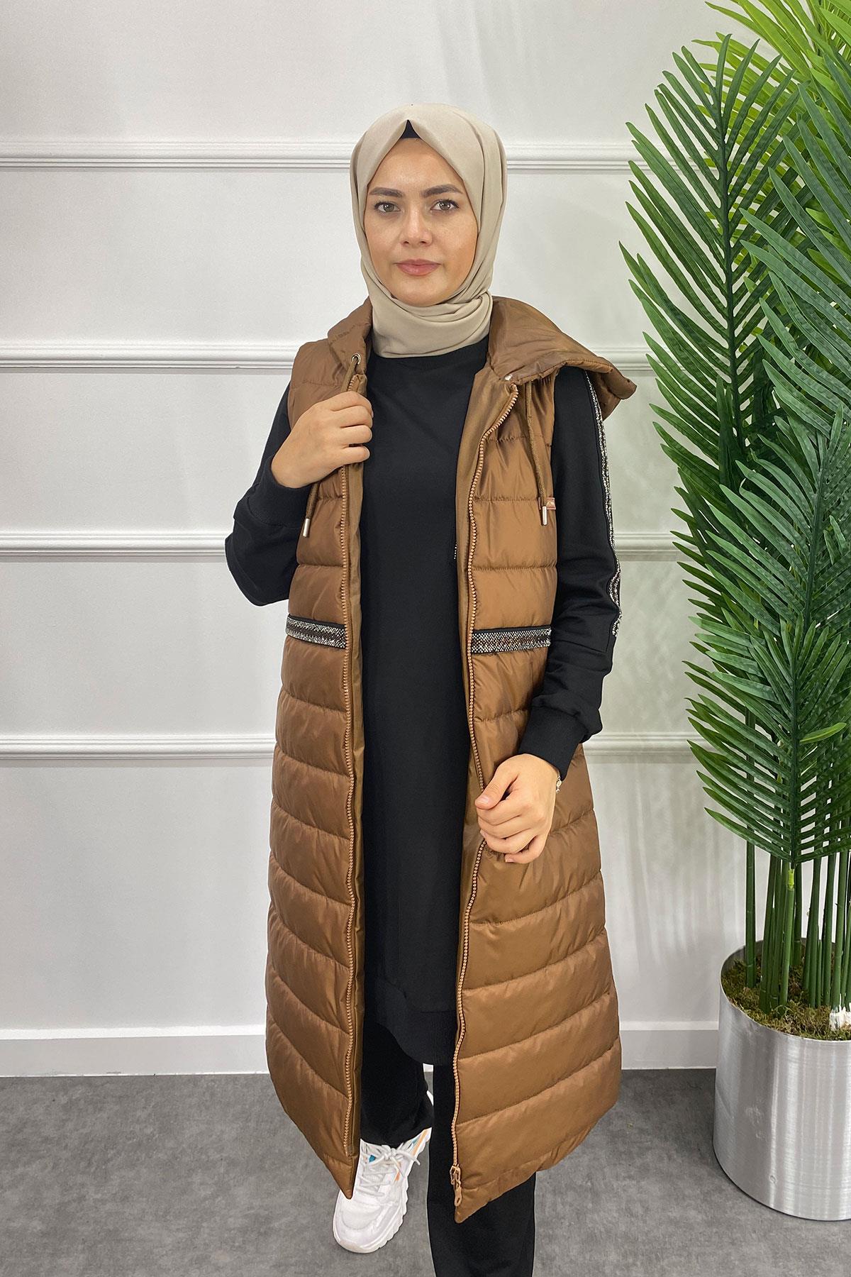 2490 PUREVA İKİ İPLİK TUNİK PANTOLON TAKIM KAPİTONE YELEK - Taba