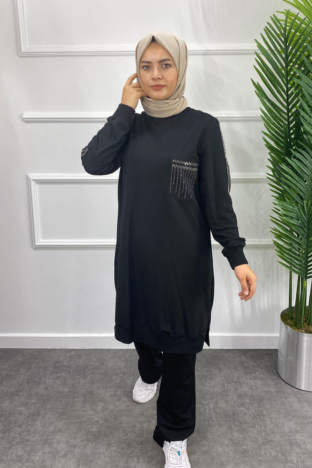 2490 PUREVA İKİ İPLİK TUNİK PANTOLON TAKIM KAPİTONE YELEK - Siyah