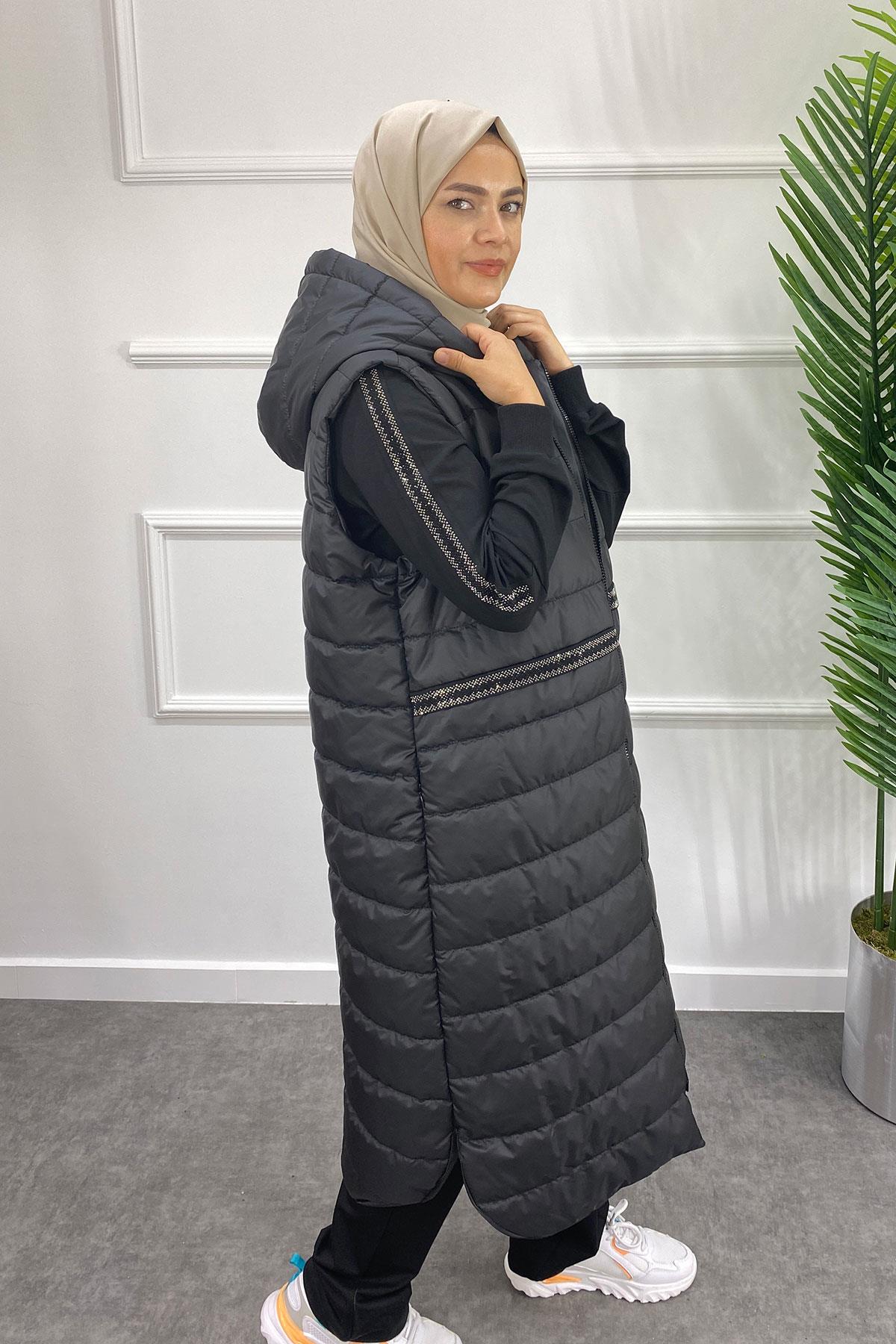 2490 PUREVA İKİ İPLİK TUNİK PANTOLON TAKIM KAPİTONE YELEK - Siyah