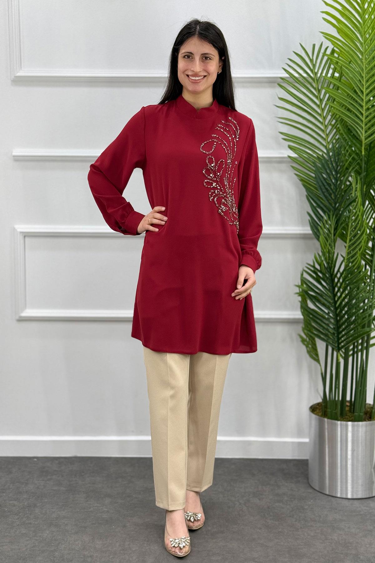 2504 Mor İpek Abiye Tunik - Kırmızı