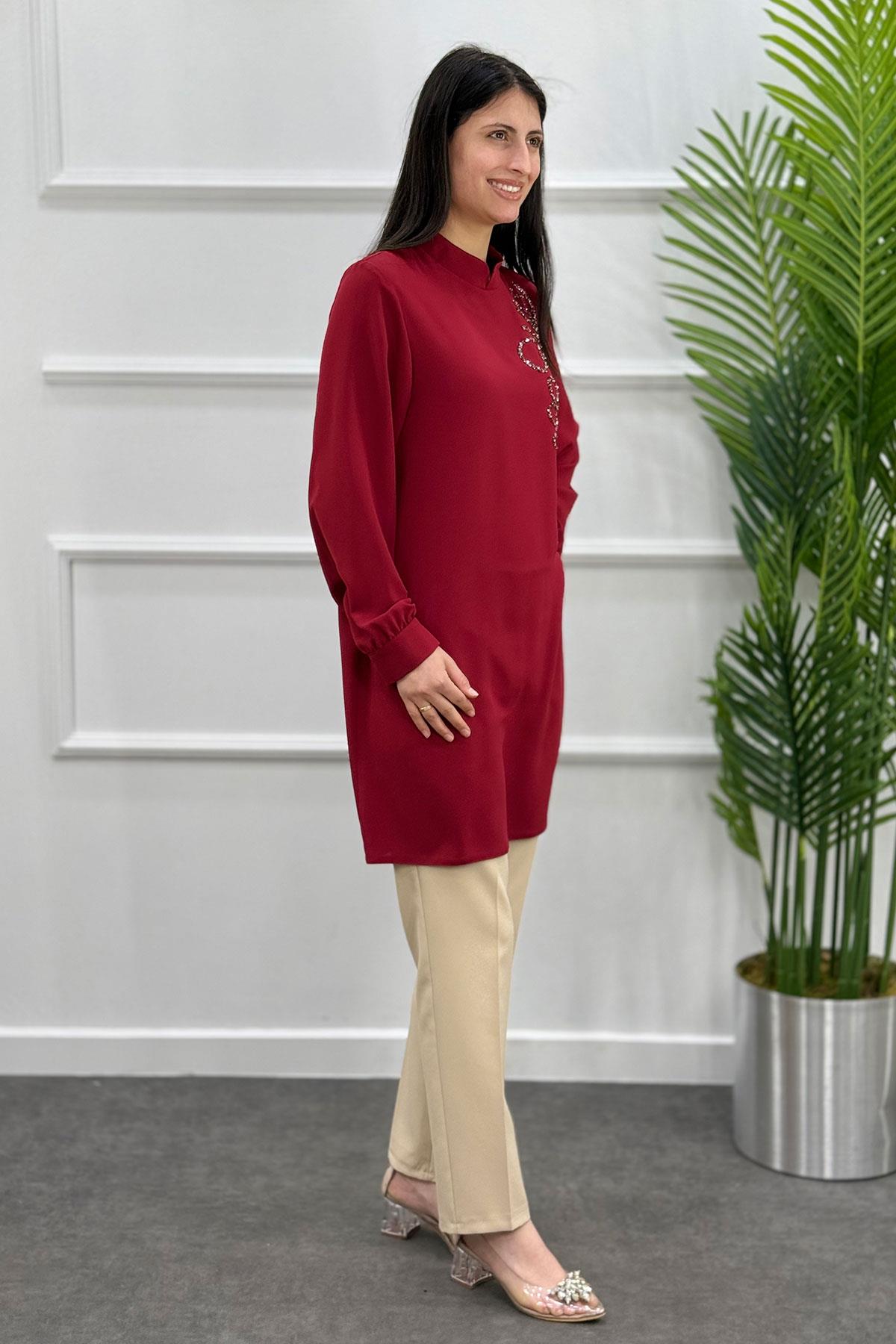 2504 Mor İpek Abiye Tunik - Kırmızı