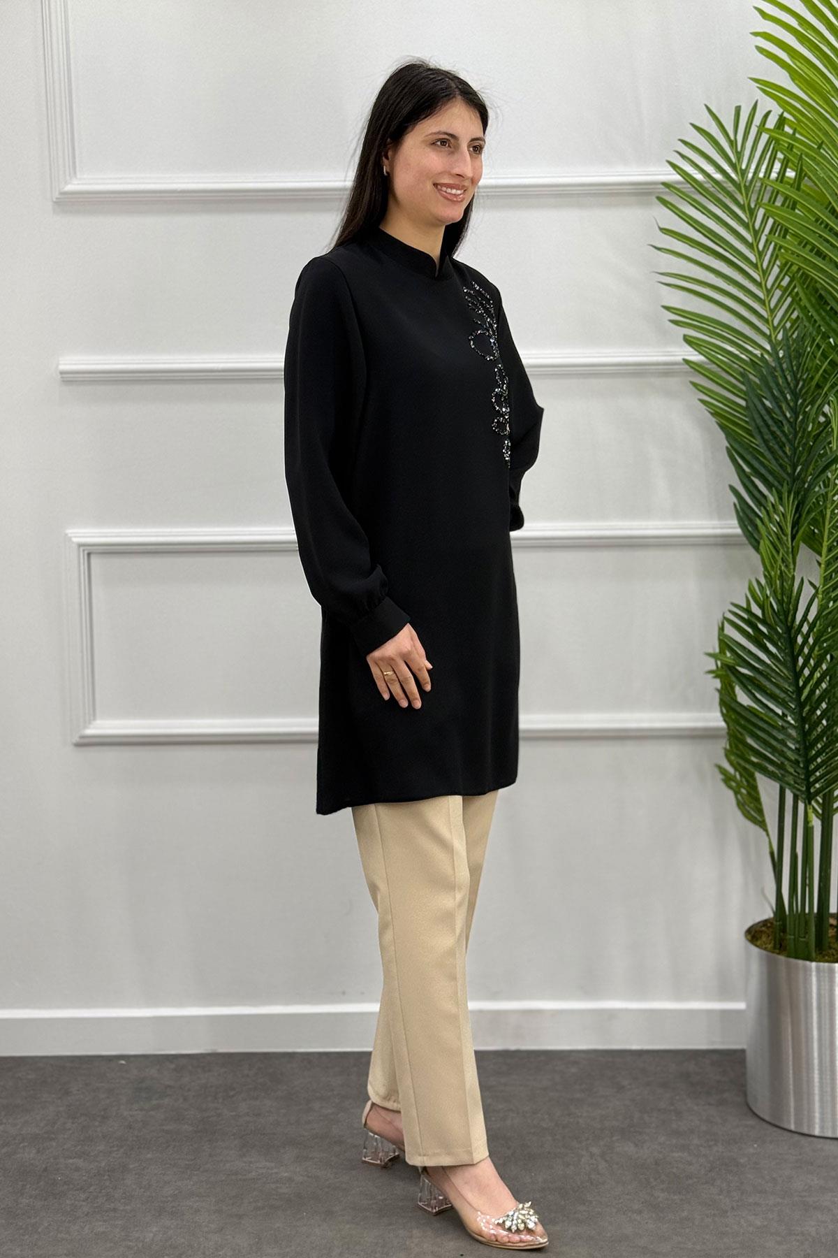 2504 Mor İpek Abiye Tunik - Siyah