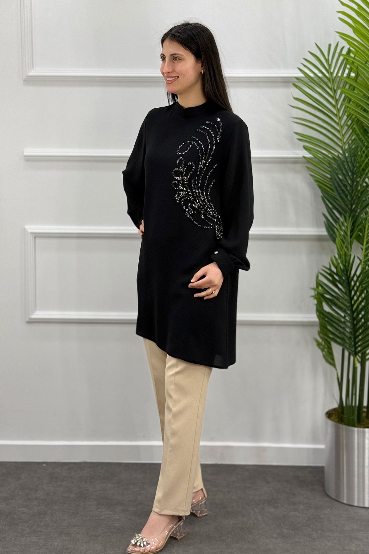 2504 Mor İpek Abiye Tunik - Siyah