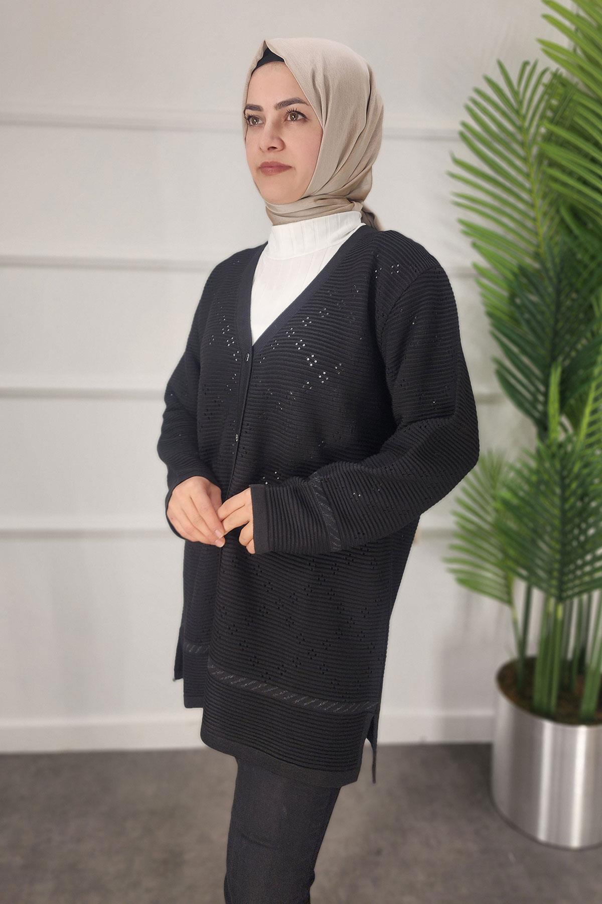 Düğmeli Anne Triko Hırka - SİYAH