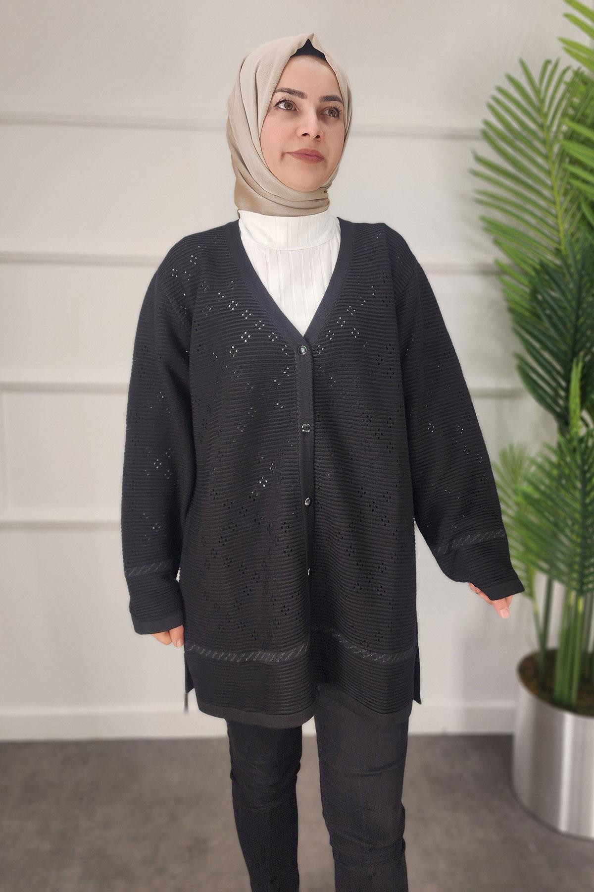 Düğmeli Anne Triko Hırka - SİYAH