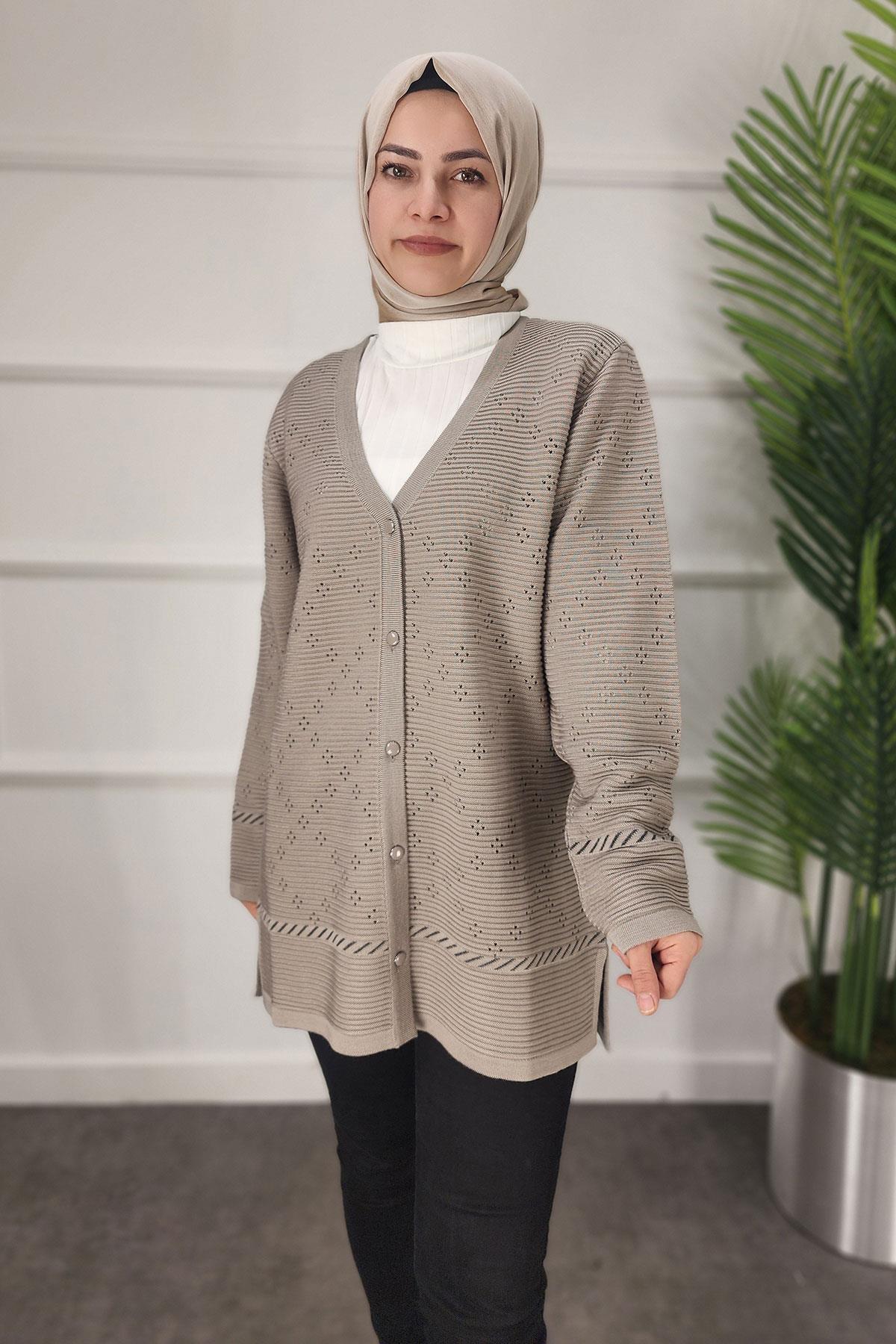 Düğmeli Anne Triko Hırka - VİZON