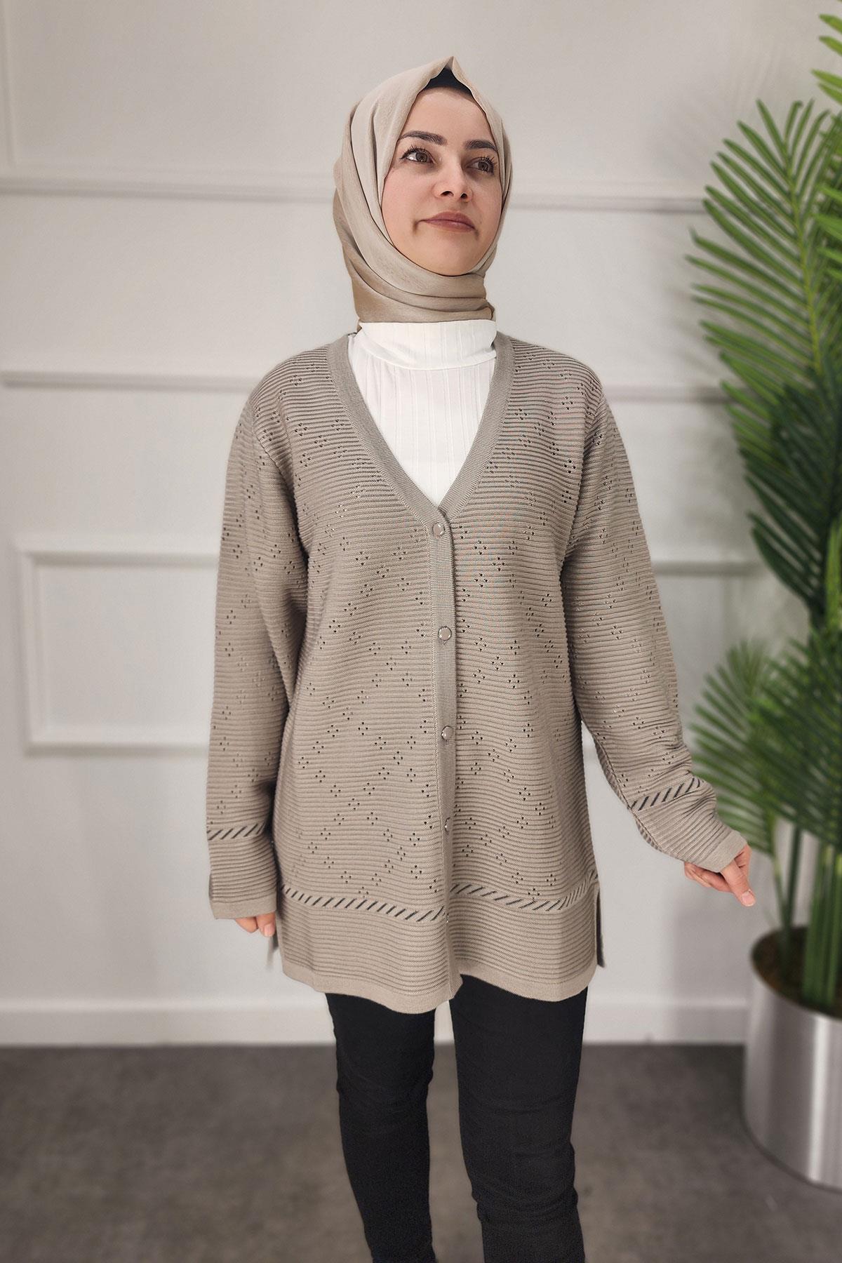 Düğmeli Anne Triko Hırka - VİZON