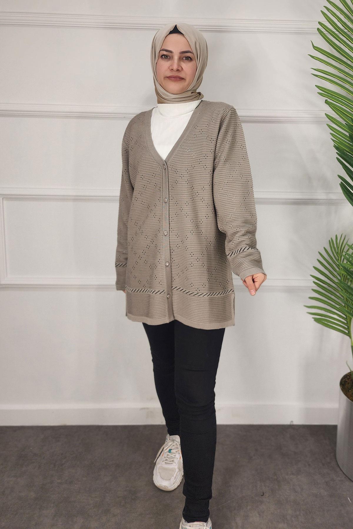 Düğmeli Anne Triko Hırka - VİZON