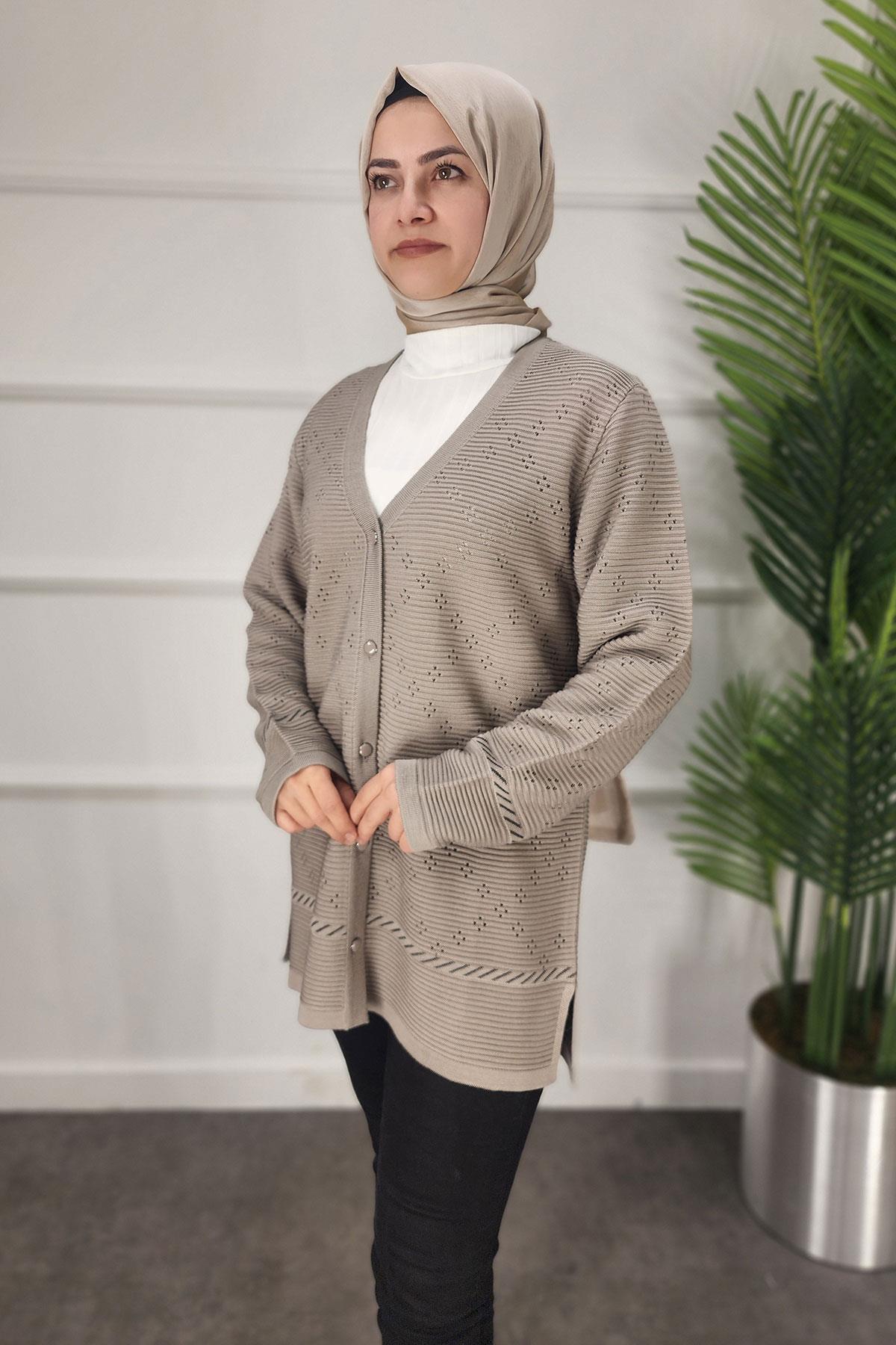 Düğmeli Anne Triko Hırka - VİZON