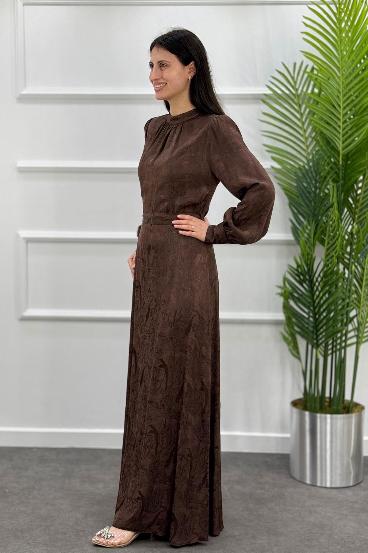 5095 Gaze Elbise - Kahve
