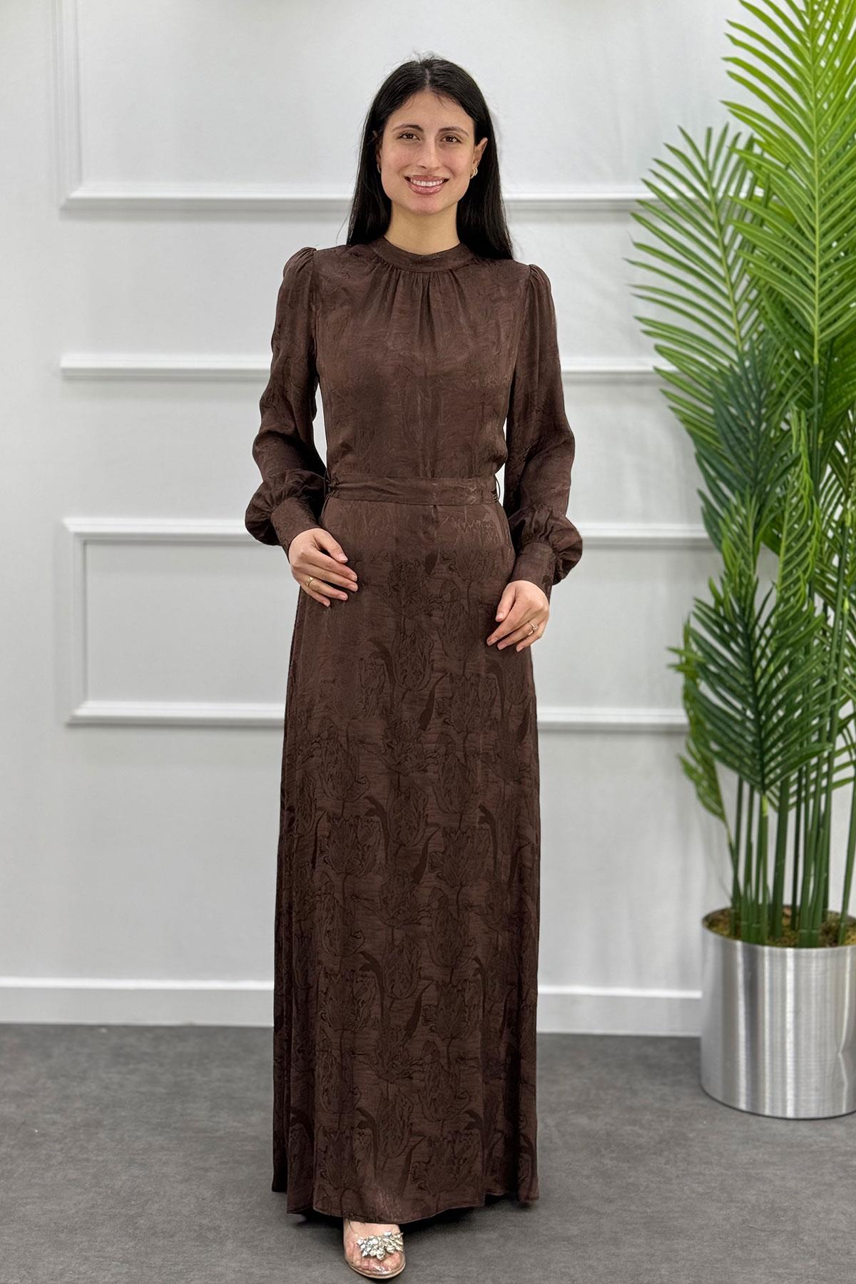 5095 Gaze Elbise - Kahve