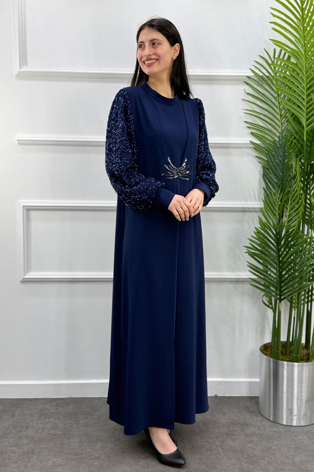 5099 Gaze Kol Pullu Elbise - Lacivert