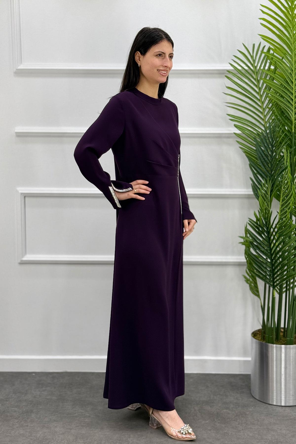 5113 Gaze Taşlı Elbise - Mürdüm