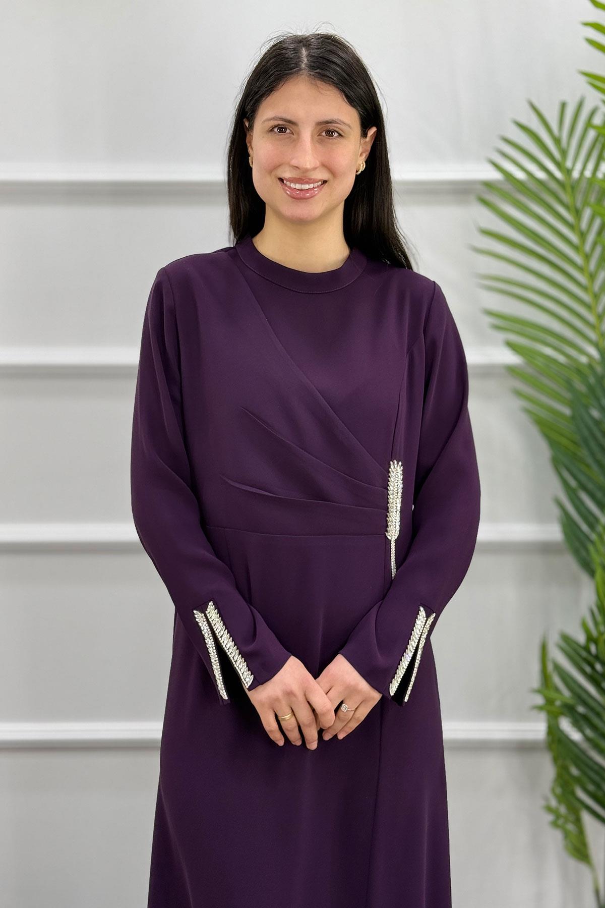 5113 Gaze Taşlı Elbise - Mürdüm