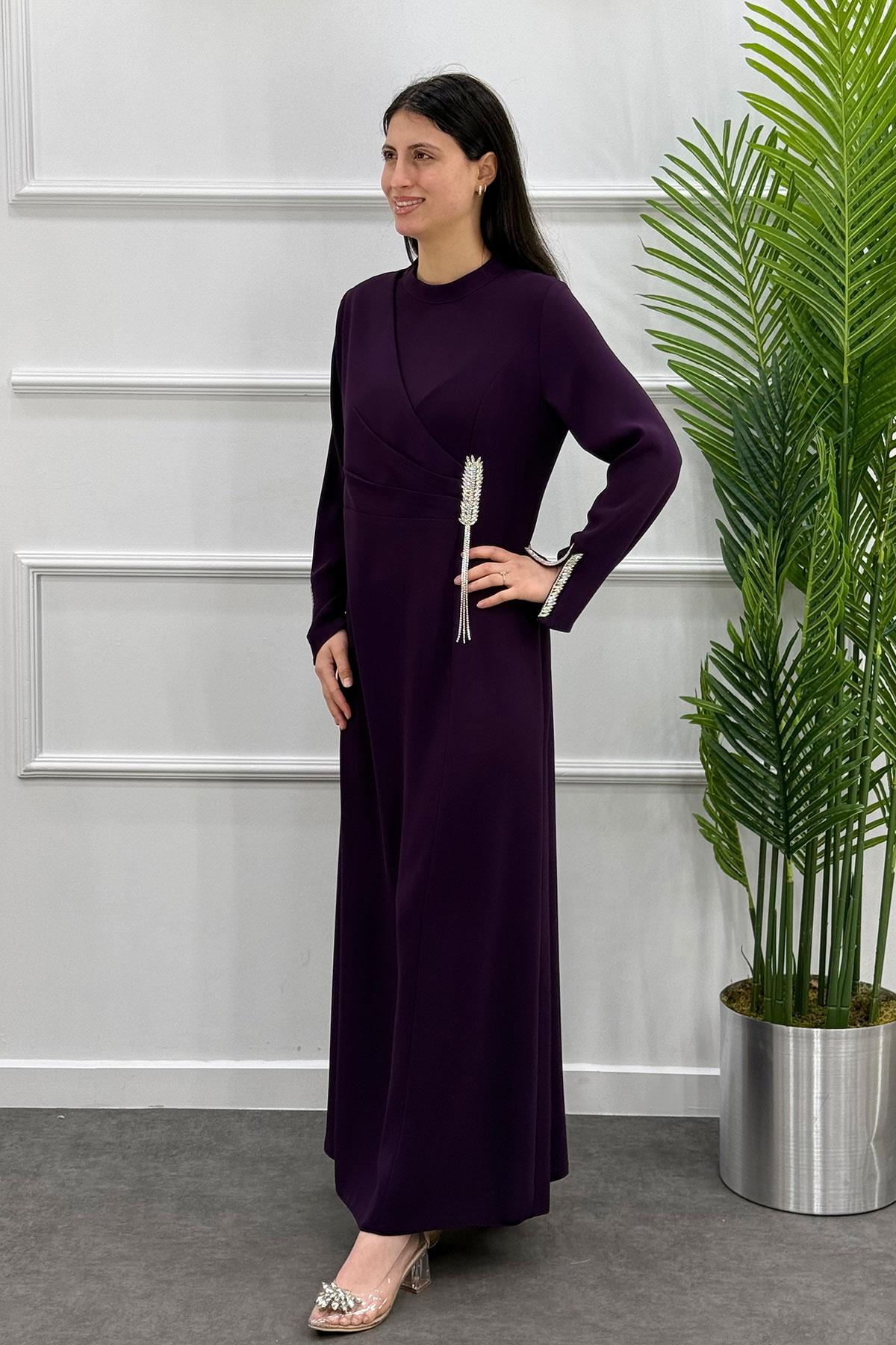 5113 Gaze Taşlı Elbise - Mürdüm