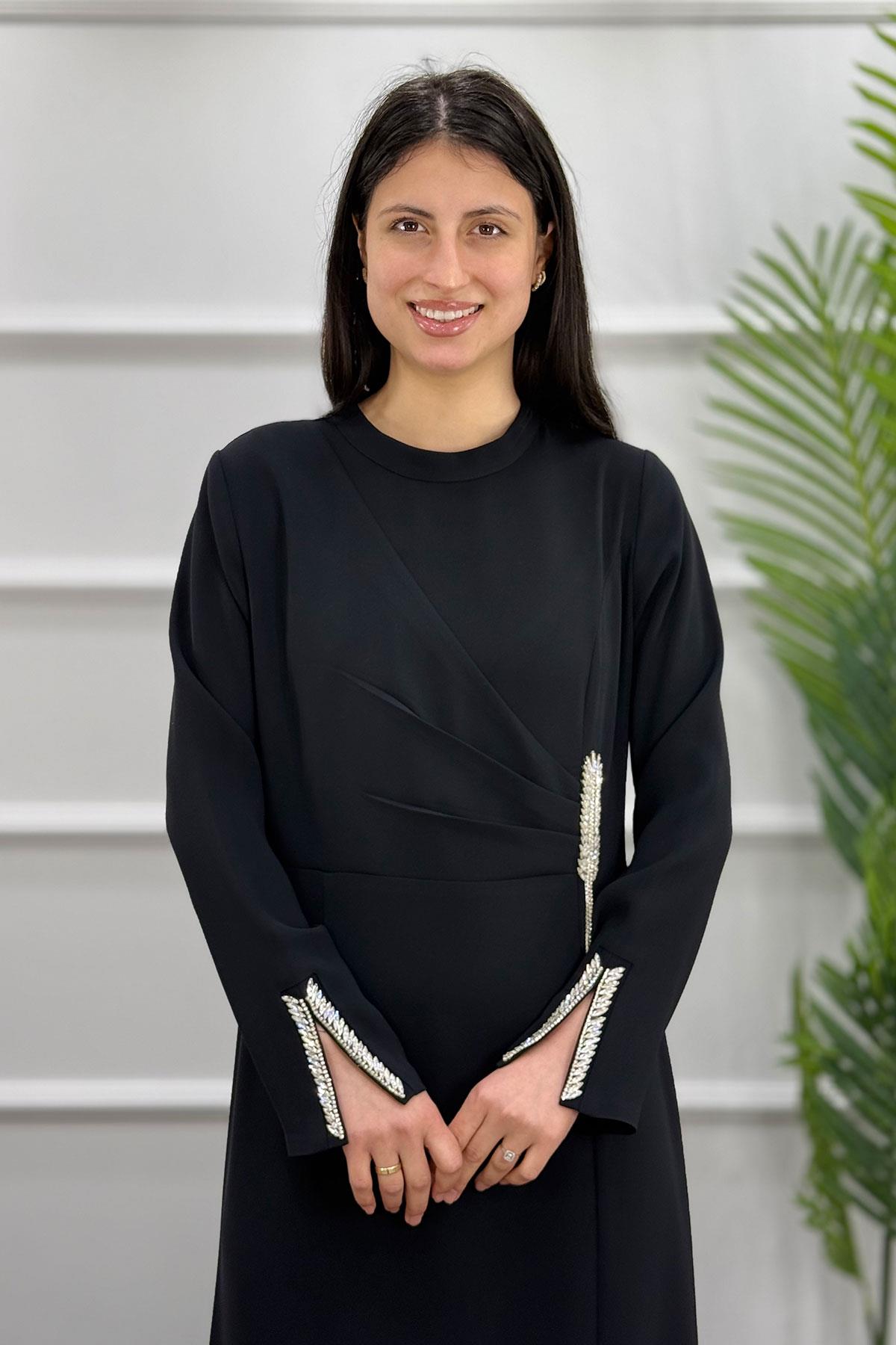 5113 Gaze Taşlı Elbise - Siyah