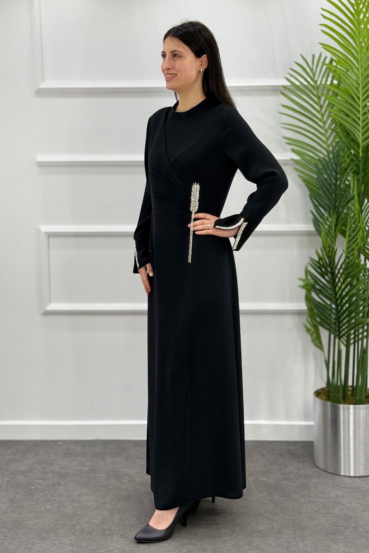 5113 Gaze Taşlı Elbise - Siyah