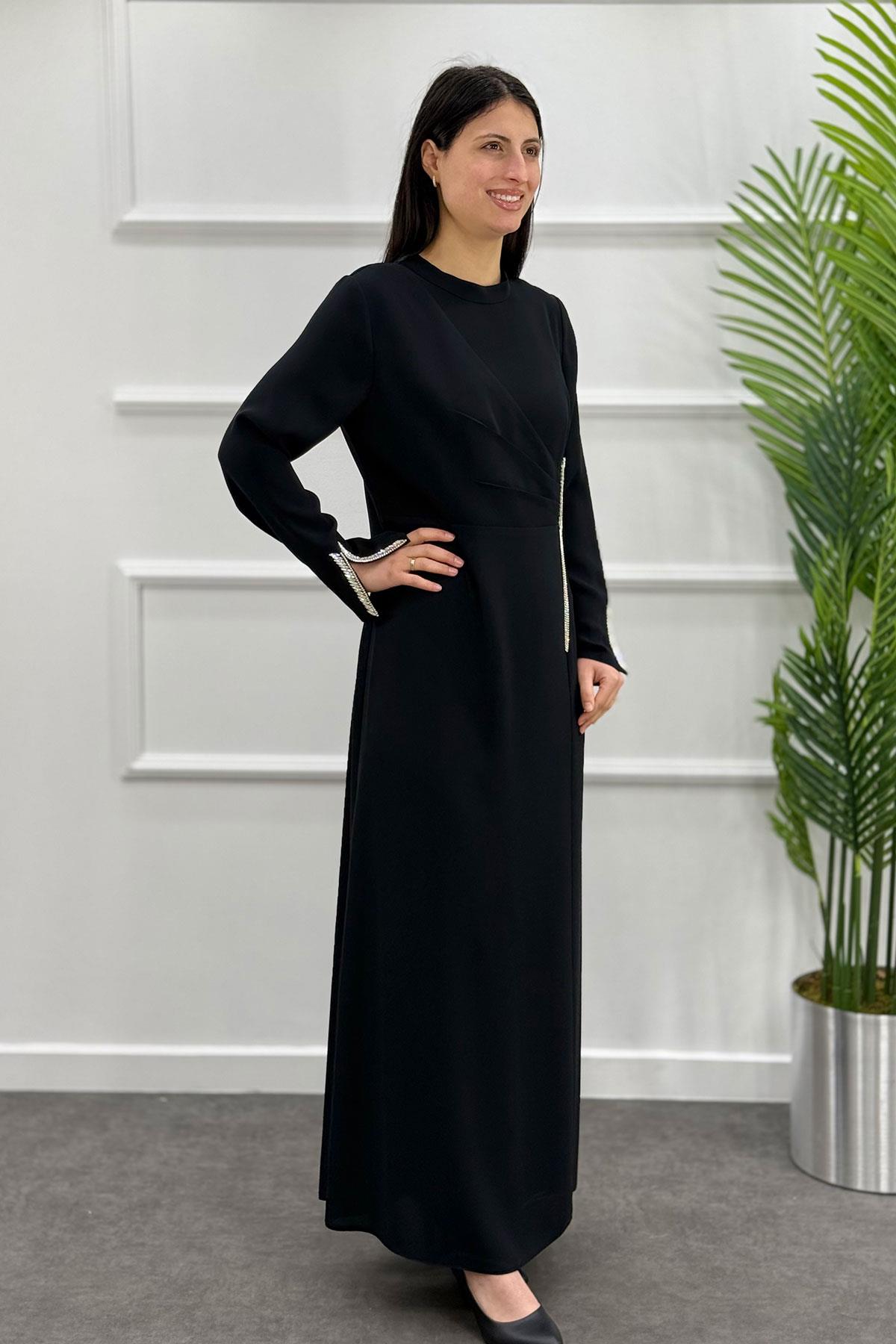 5113 Gaze Taşlı Elbise - Siyah