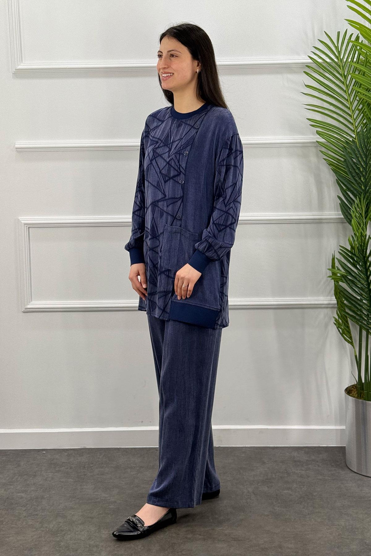 6071 Gaze Geometri Desenli Takım - Lacivert