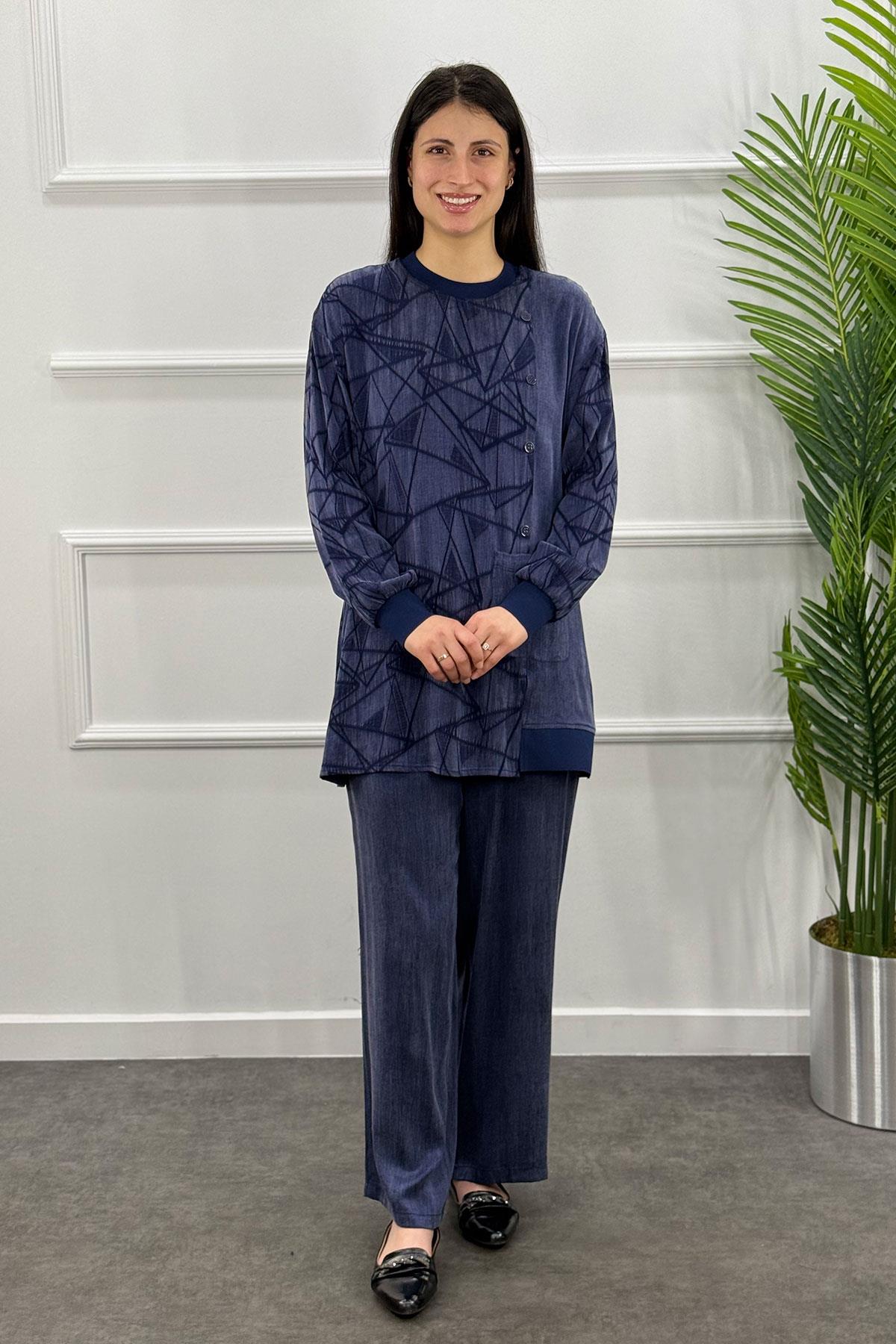 6071 Gaze Geometri Desenli Takım - Lacivert