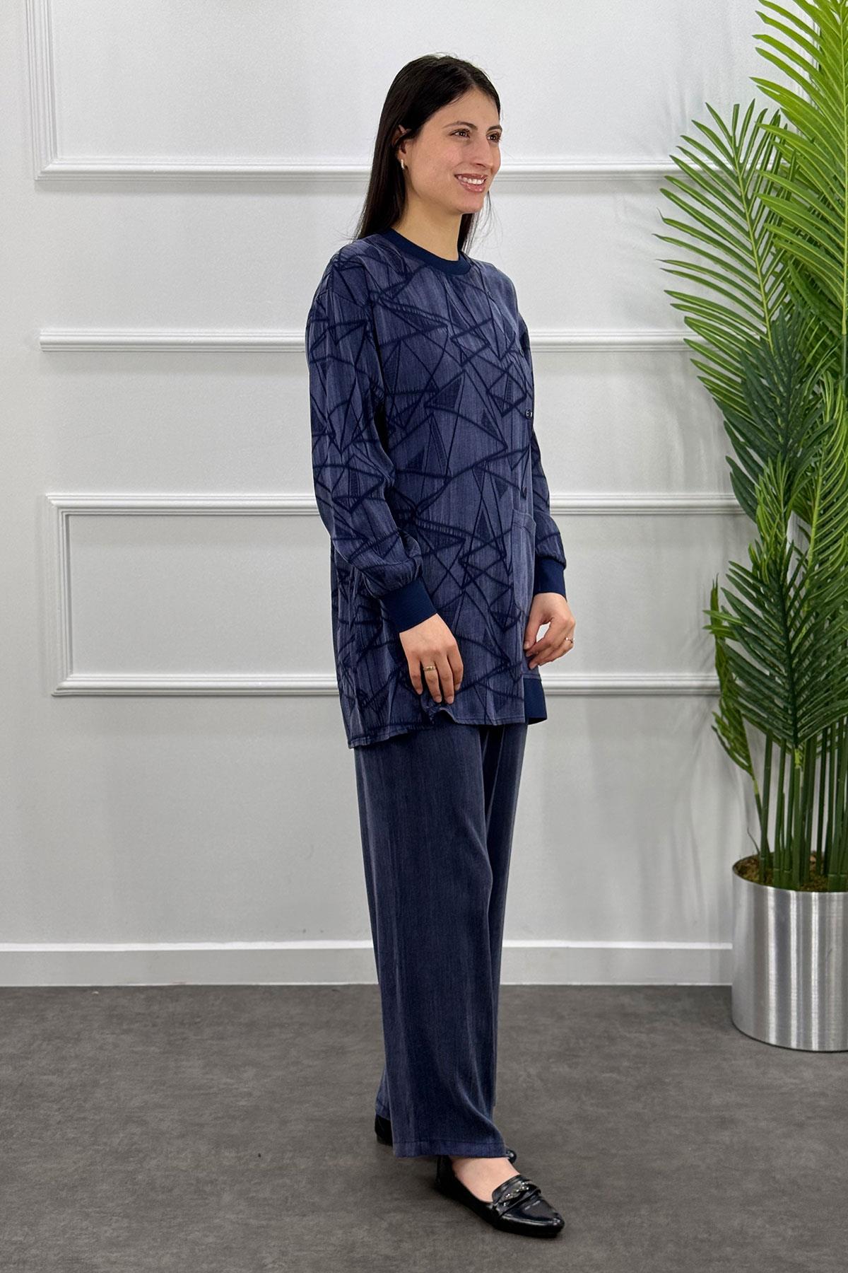 6071 Gaze Geometri Desenli Takım - Lacivert