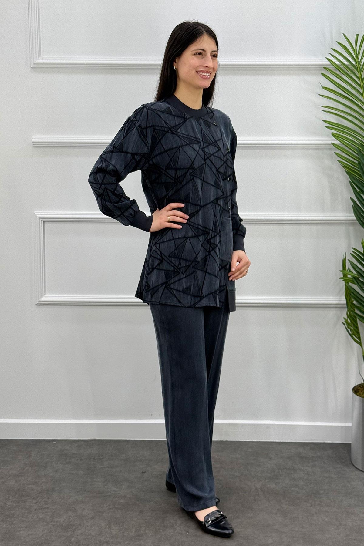 6071 Gaze Geometri Desenli Takım - Siyah