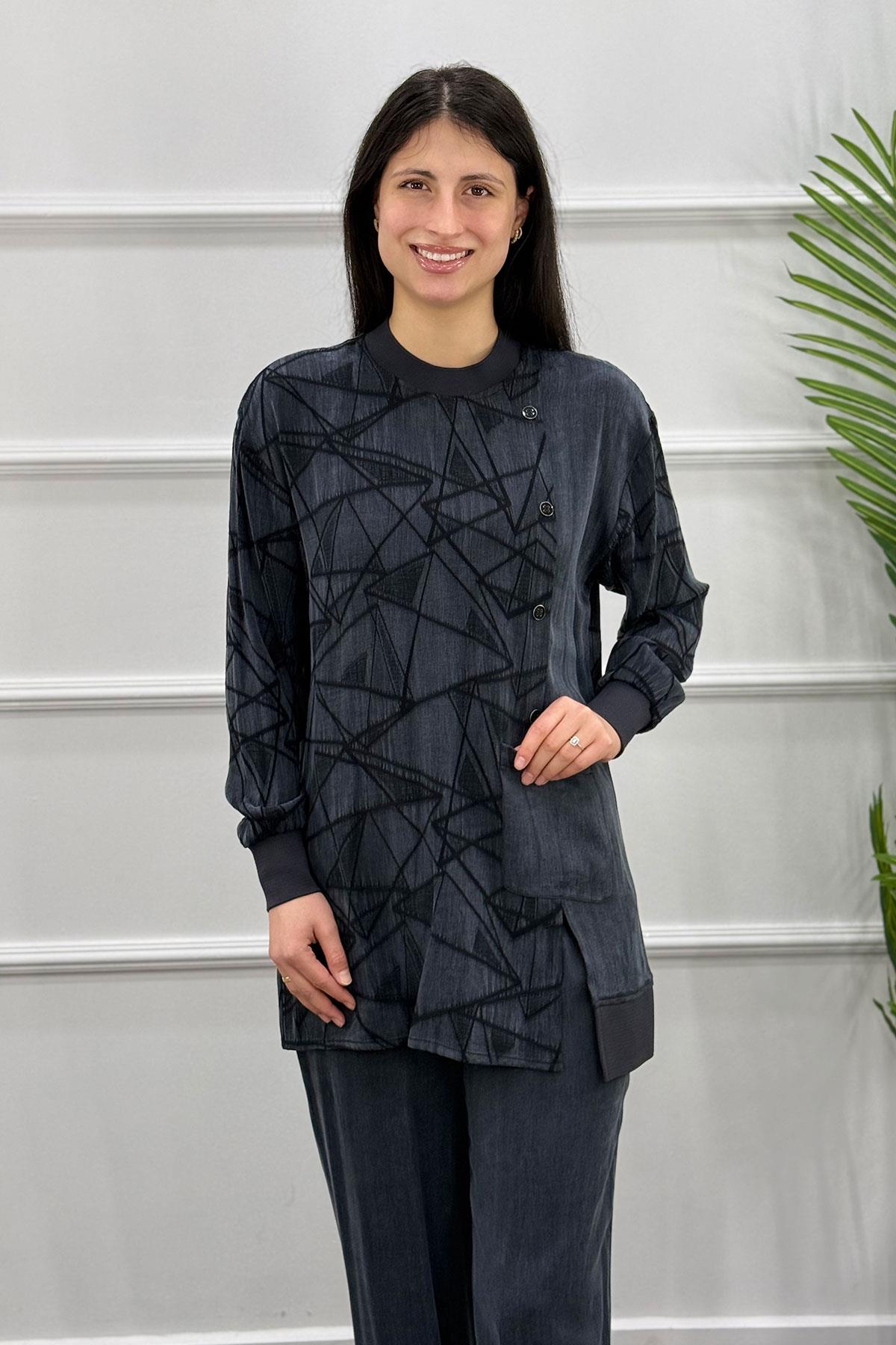 6071 Gaze Geometri Desenli Takım - Siyah