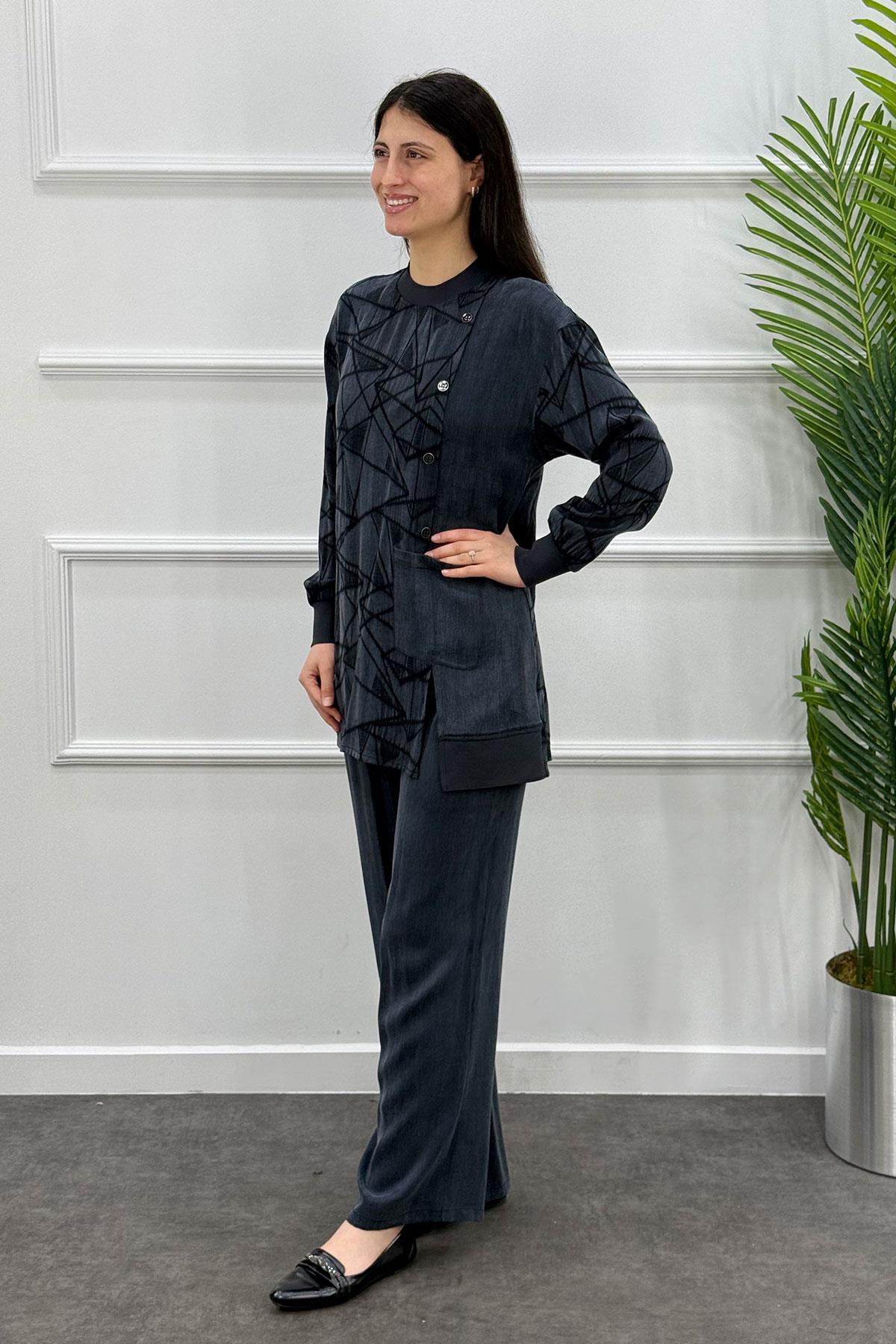 6071 Gaze Geometri Desenli Takım - Siyah