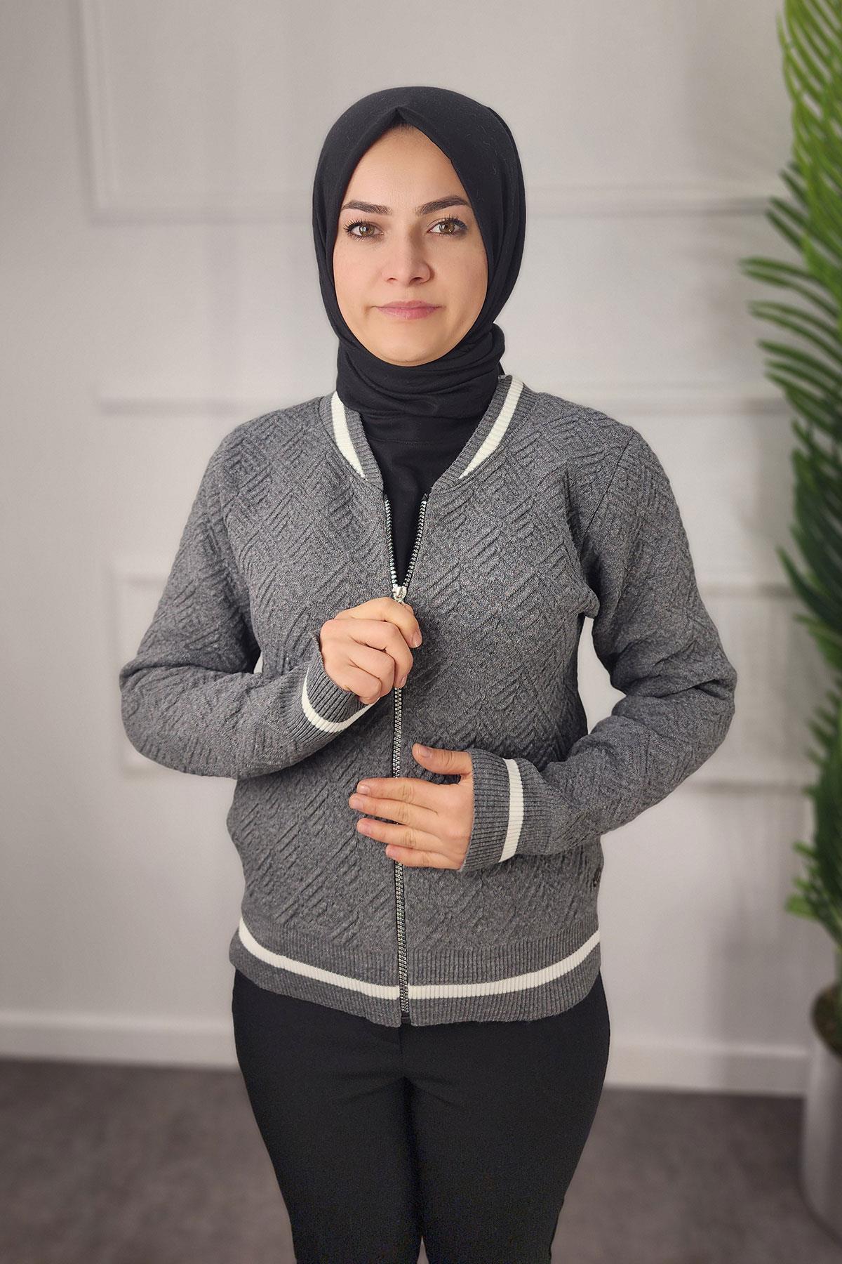 Ribanalı Desenli Kadın Hırka - GRİ