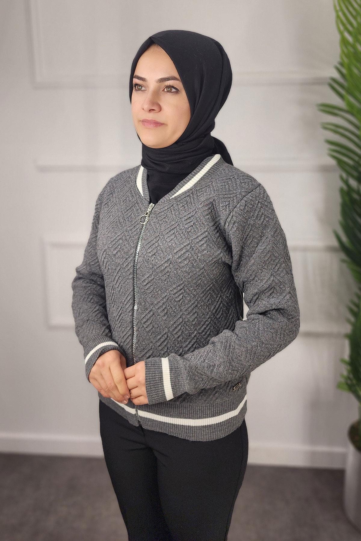 Ribanalı Desenli Kadın Hırka - GRİ