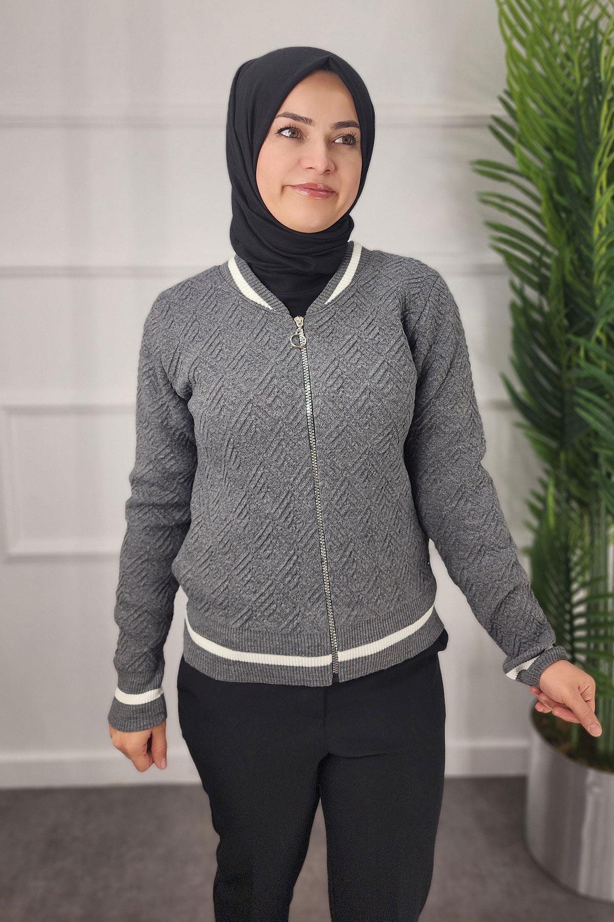 Ribanalı Desenli Kadın Hırka - GRİ