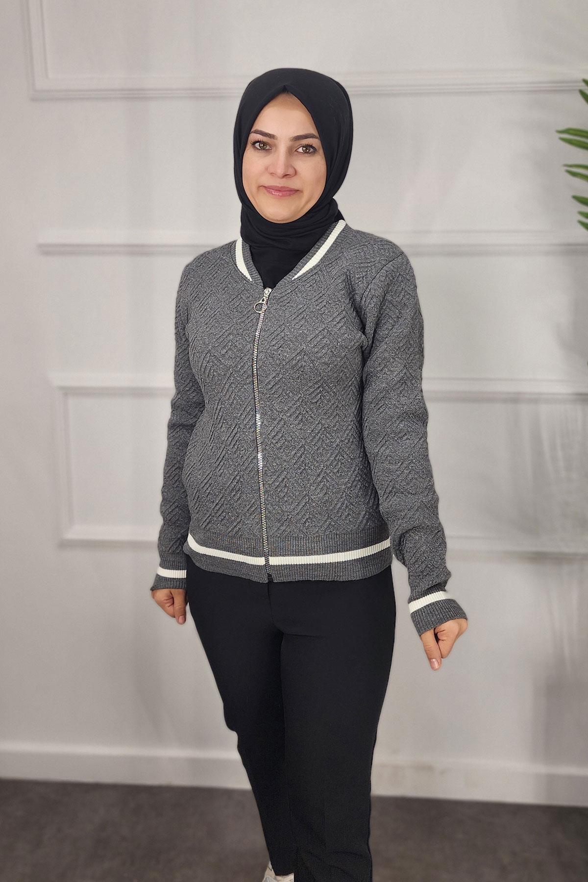 Ribanalı Desenli Kadın Hırka - GRİ