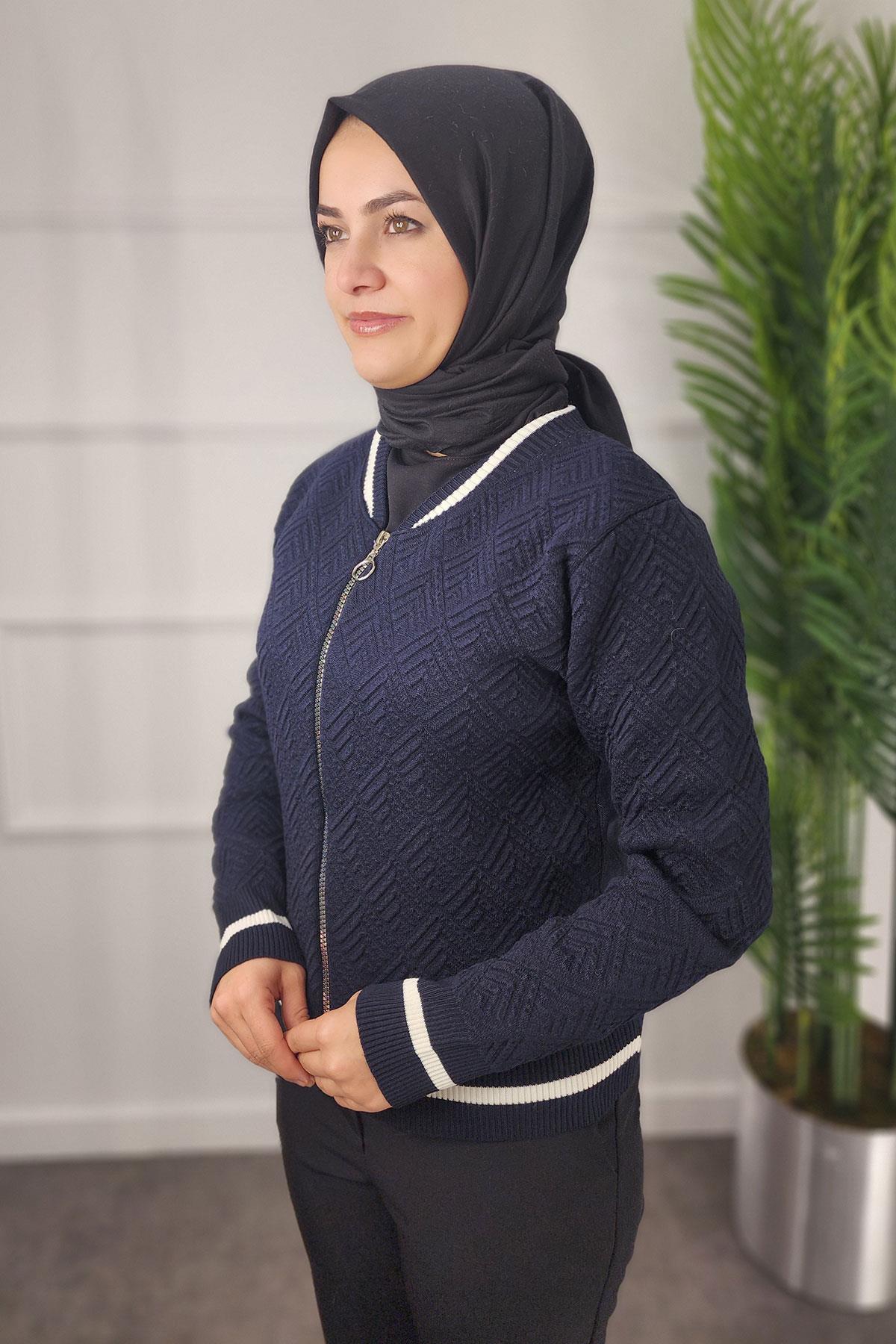 Ribanalı Desenli Kadın Hırka - LACİVERT