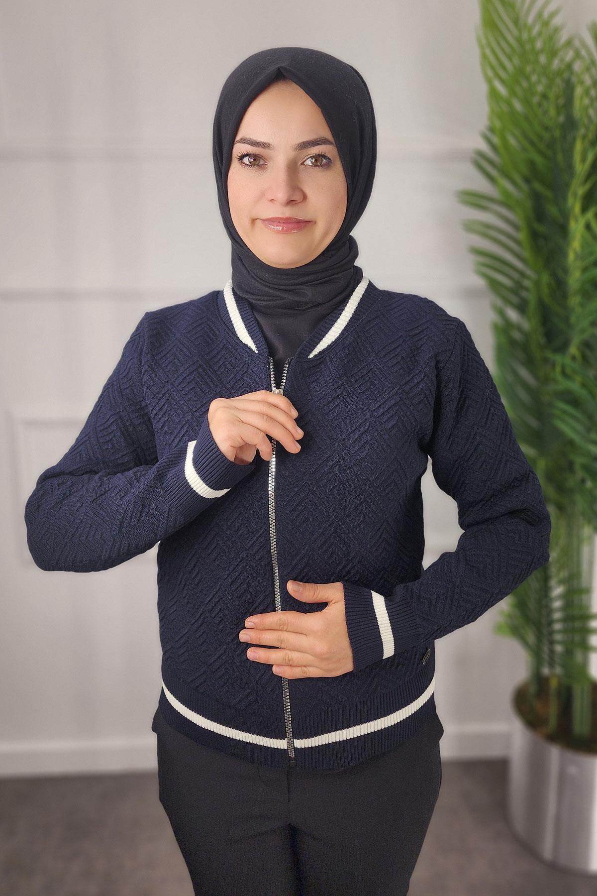 Ribanalı Desenli Kadın Hırka - LACİVERT