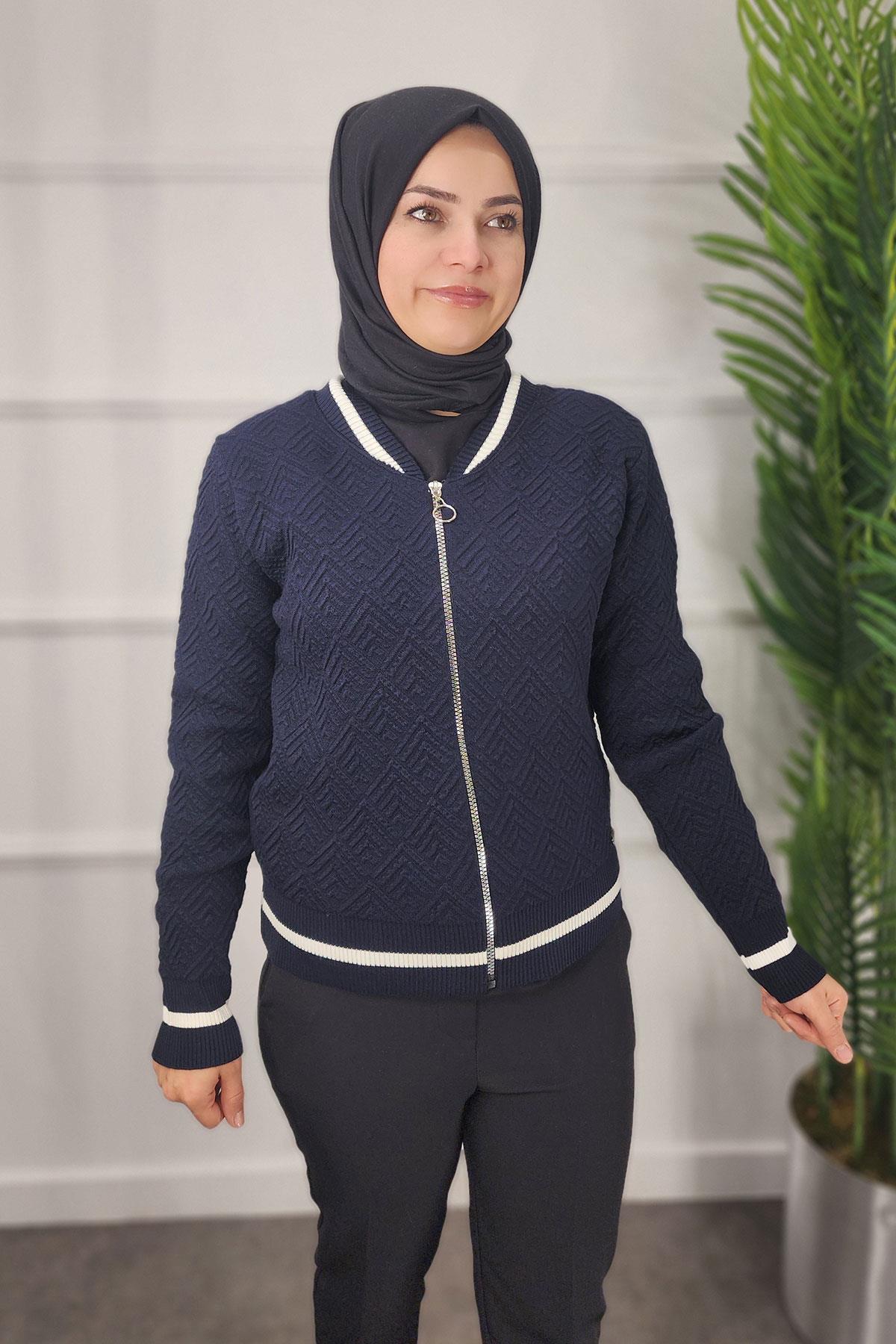 Ribanalı Desenli Kadın Hırka - LACİVERT