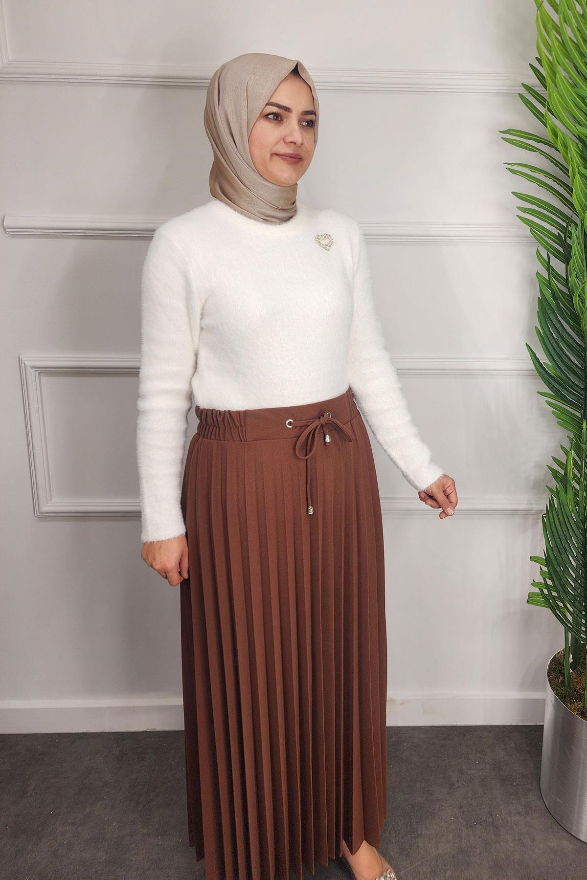 Lastikli Pliseli Krep Etek - KAHVE