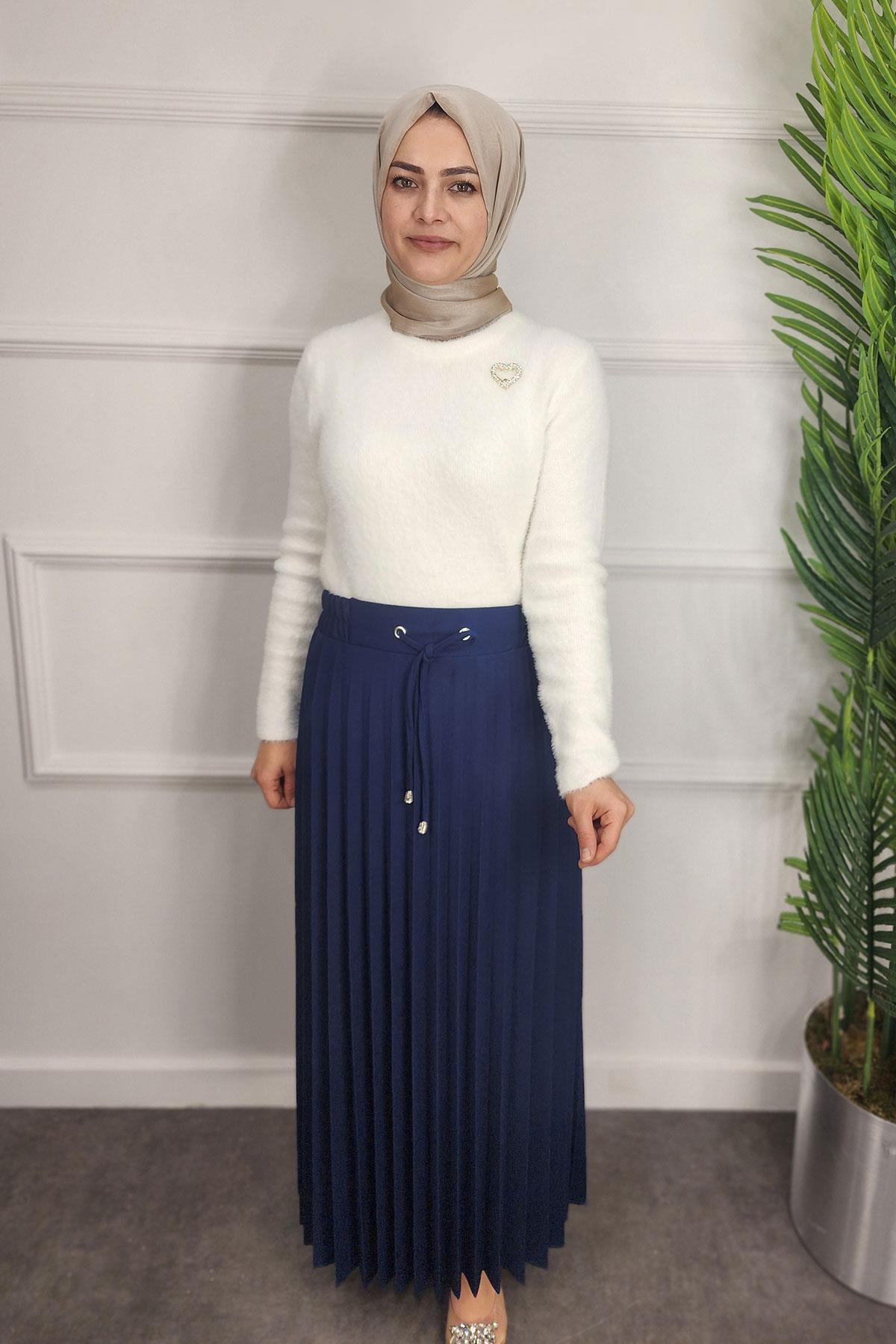 Lastikli Pliseli Krep Etek - LACİVERT