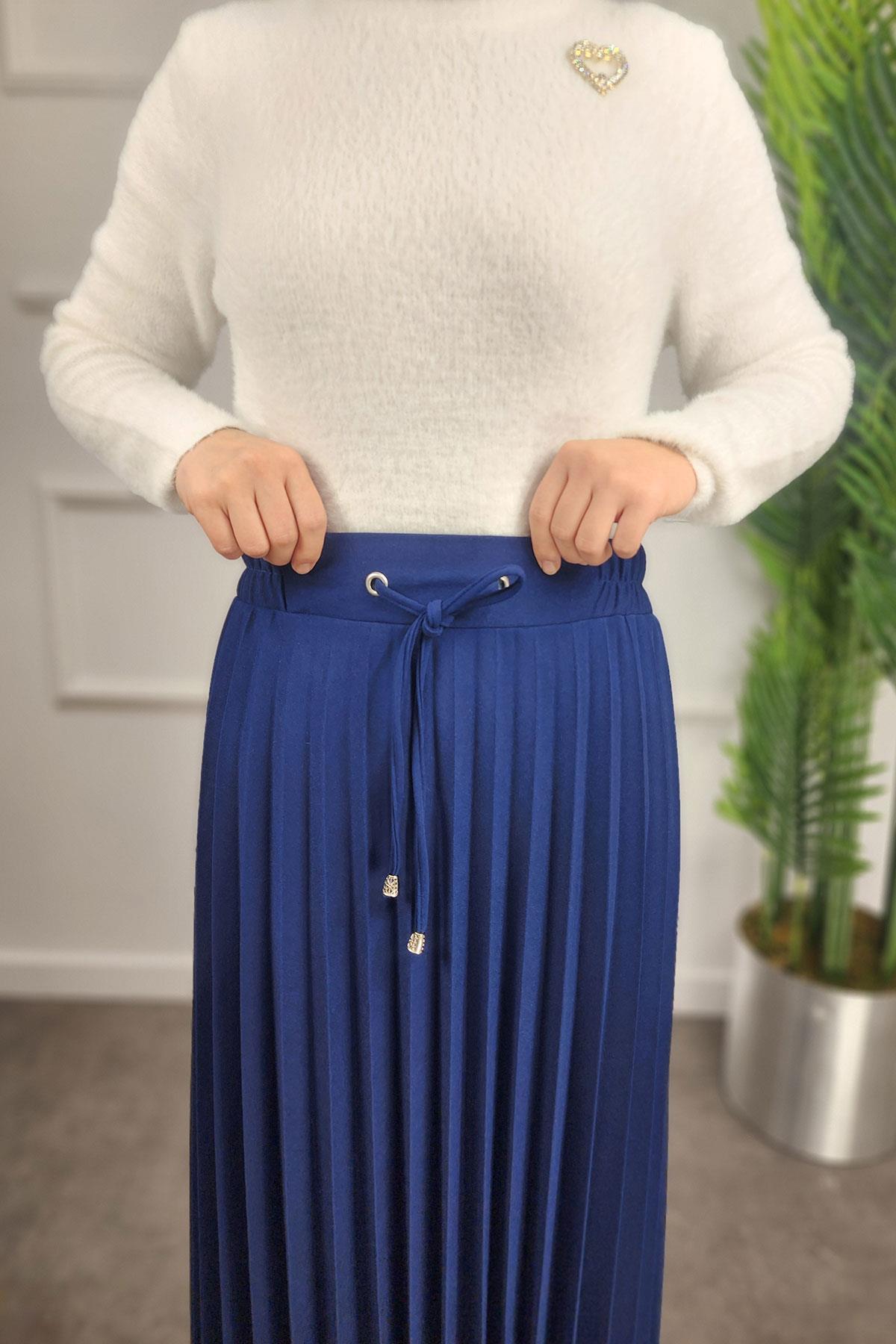 Lastikli Pliseli Krep Etek - LACİVERT