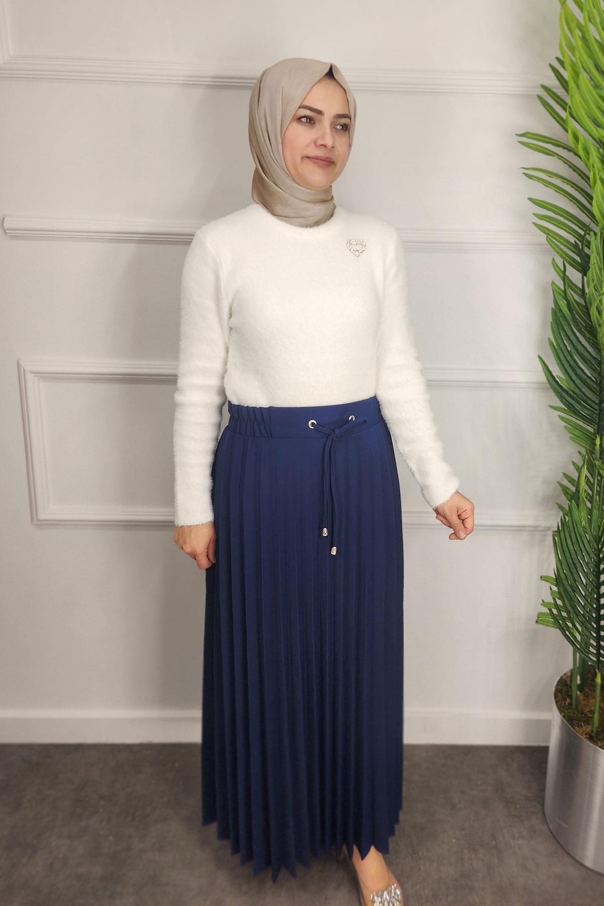 Lastikli Pliseli Krep Etek - LACİVERT