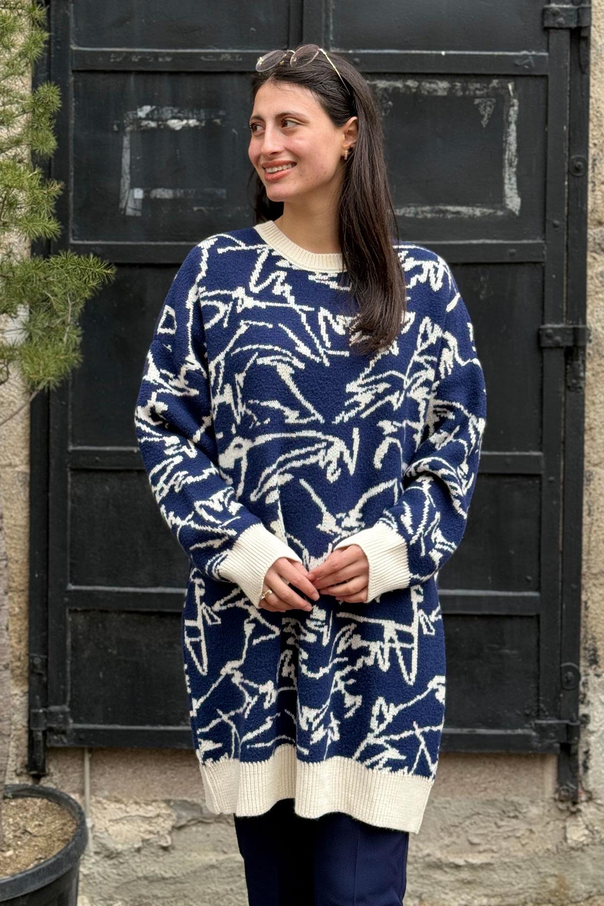 Angora Çizgi Baskı Desenli Tunik - LACİVERT