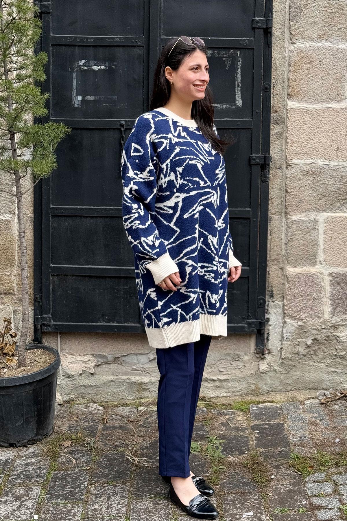 Angora Çizgi Baskı Desenli Tunik - LACİVERT