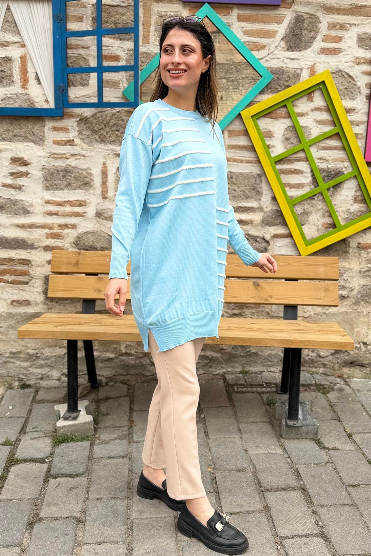 Asimetrik Çizgili Triko Tunik Kazak - BEBEMAVİ