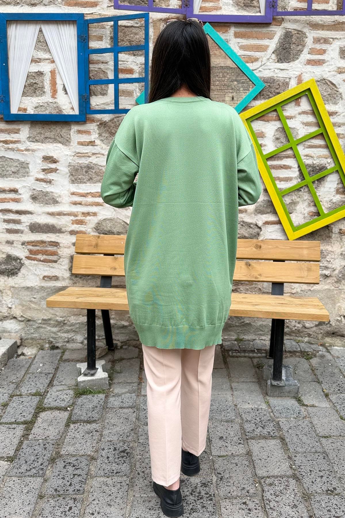 Asimetrik Çizgili Triko Tunik Kazak - FISTIK YEŞİL