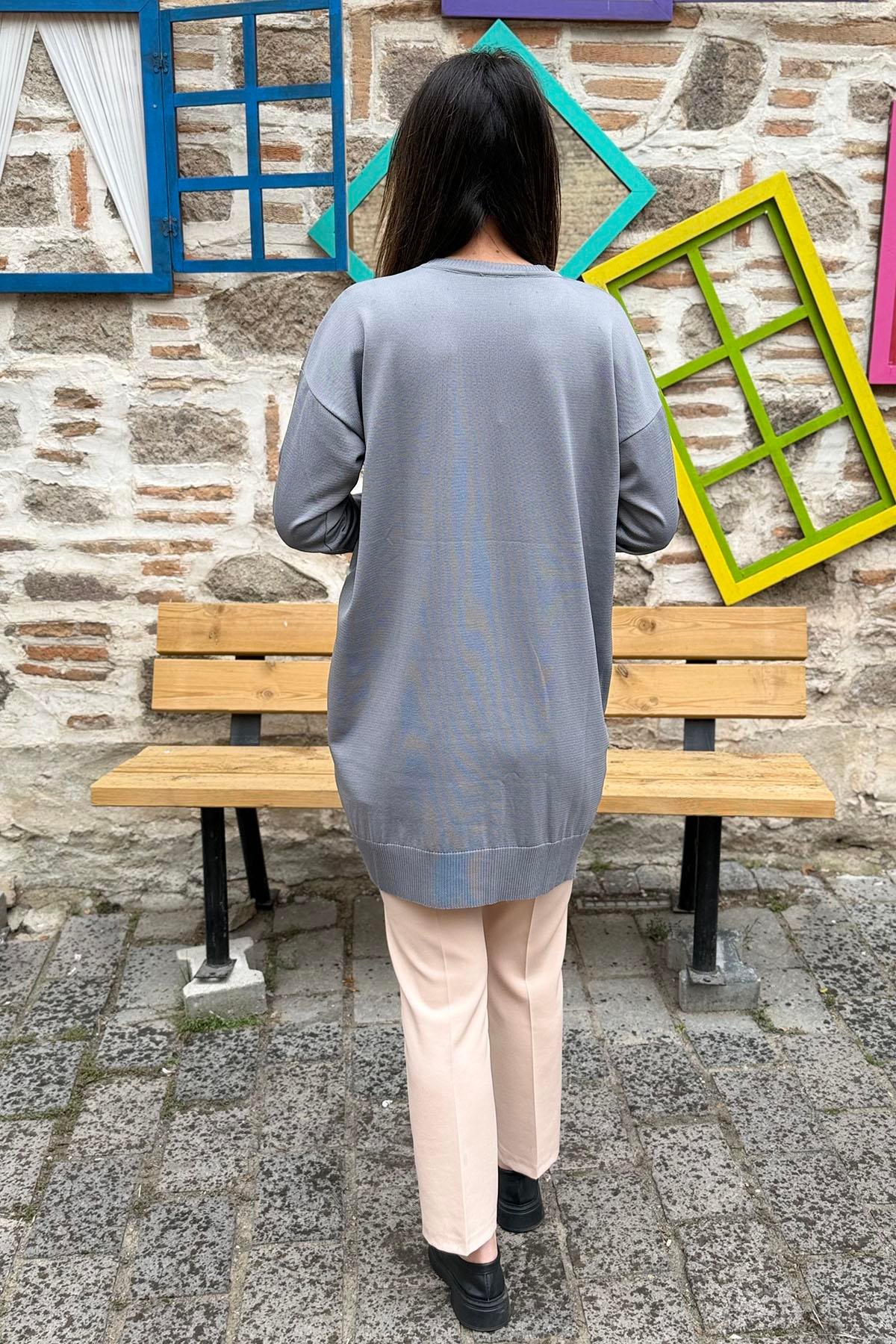 Asimetrik Çizgili Triko Tunik Kazak - GRİ