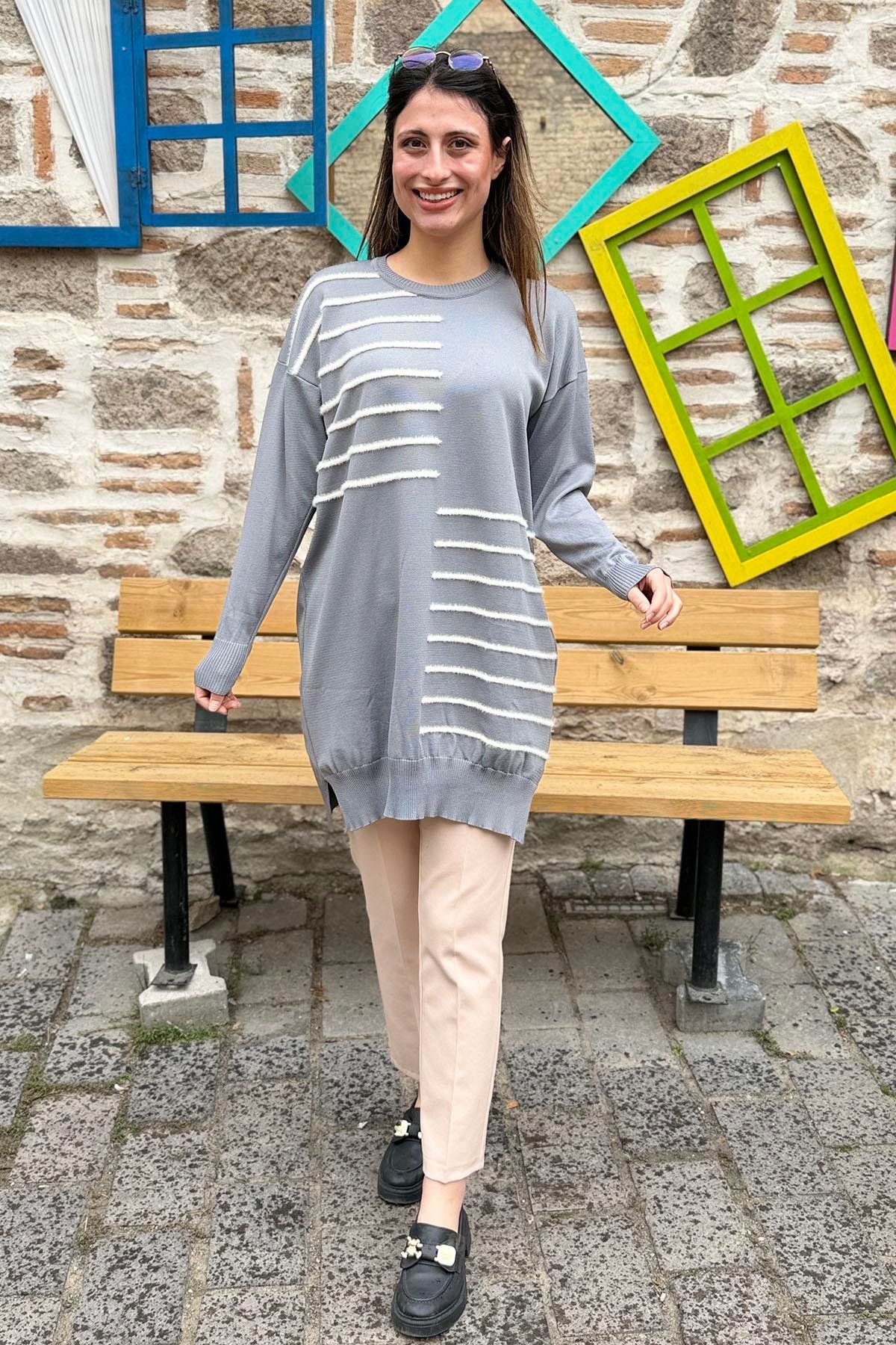 Asimetrik Çizgili Triko Tunik Kazak - GRİ