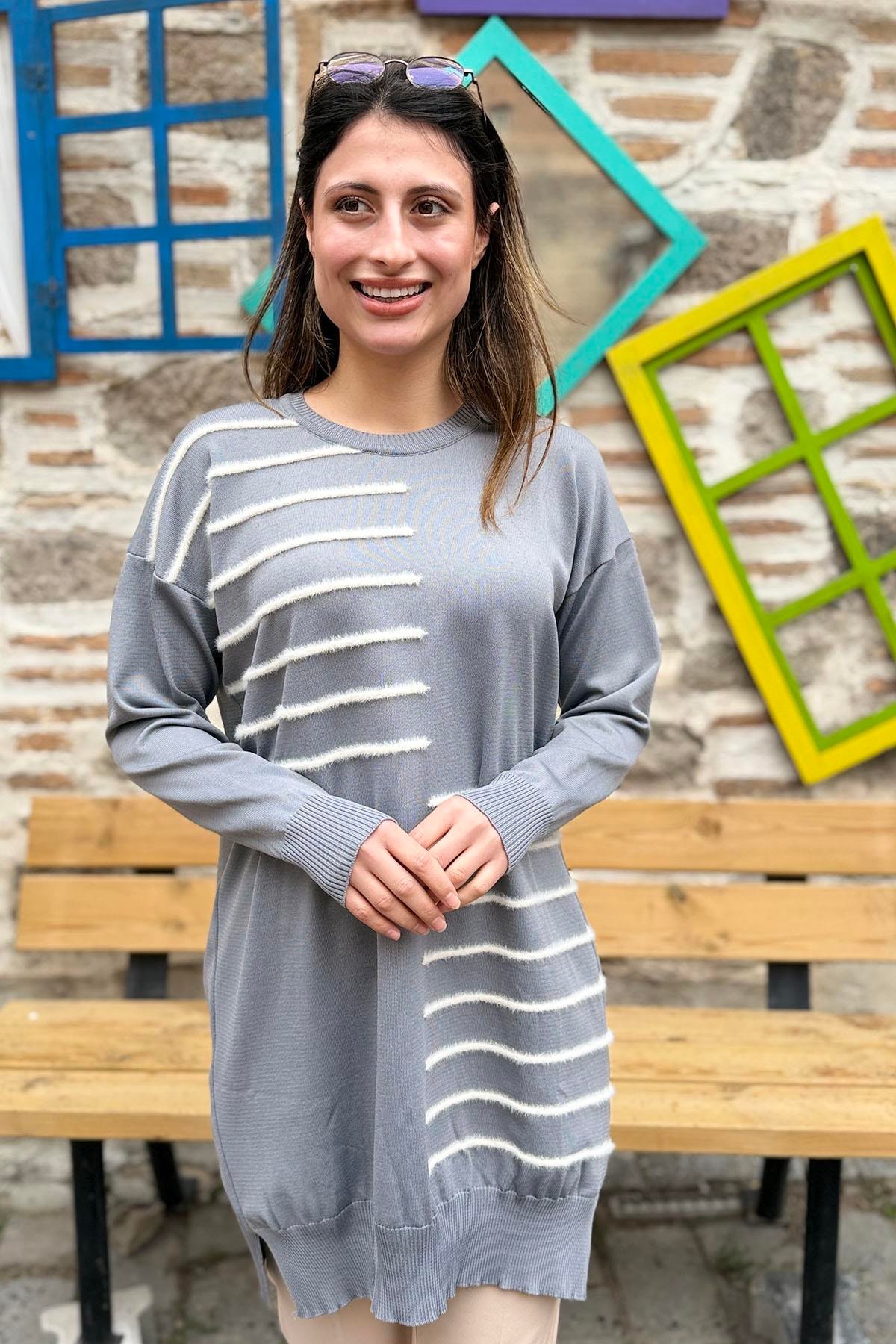 Asimetrik Çizgili Triko Tunik Kazak - GRİ