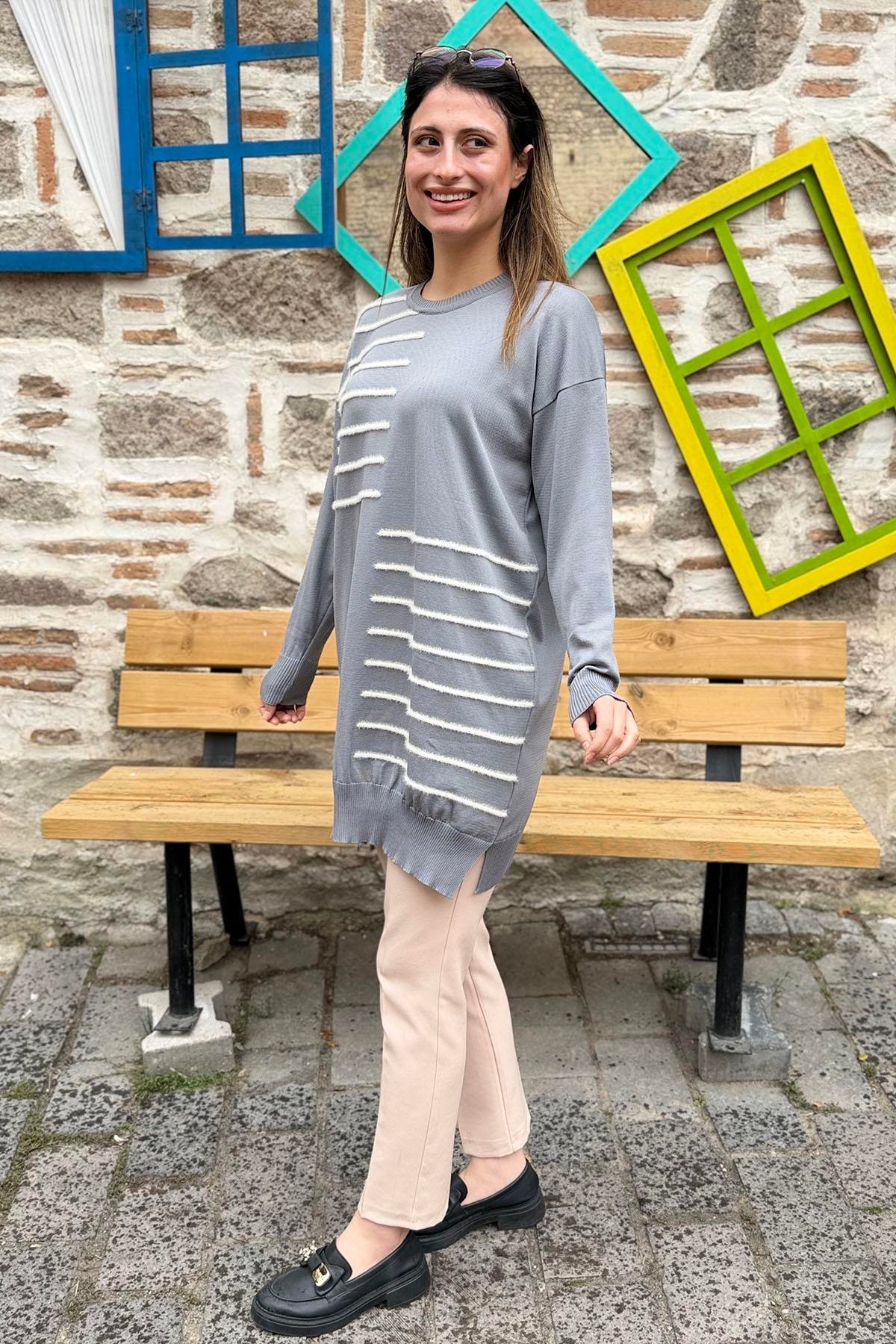 Asimetrik Çizgili Triko Tunik Kazak - GRİ